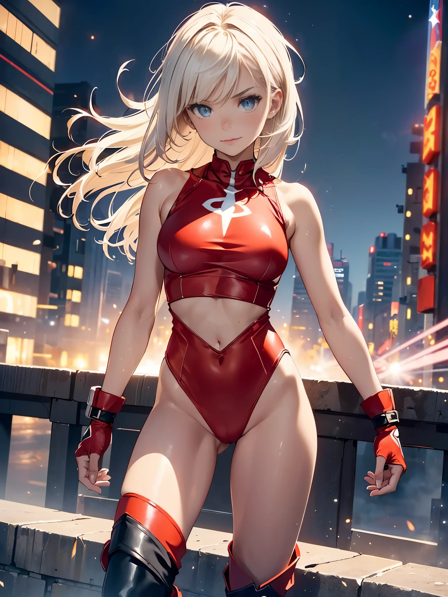 masterpiece, best quality, 1girl, medium breasts, (leotard, red leotard with white accents, sleeveless, midriff), bare legs, boots, matching boots, bracelets, city backdrop, solo, single, standing, heroic, (full body shot, cowboy shot), beautiful detailed eyes, medium hair, superhero, (glow, powering up, light particles)