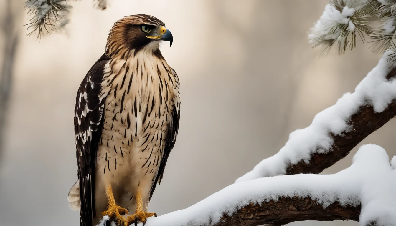 Arthur Rackham style, Japanese big hawk、It perches on a tall tree and hunts for food.、winter season、brightly colored feathers、fearless face、sharp eyes、