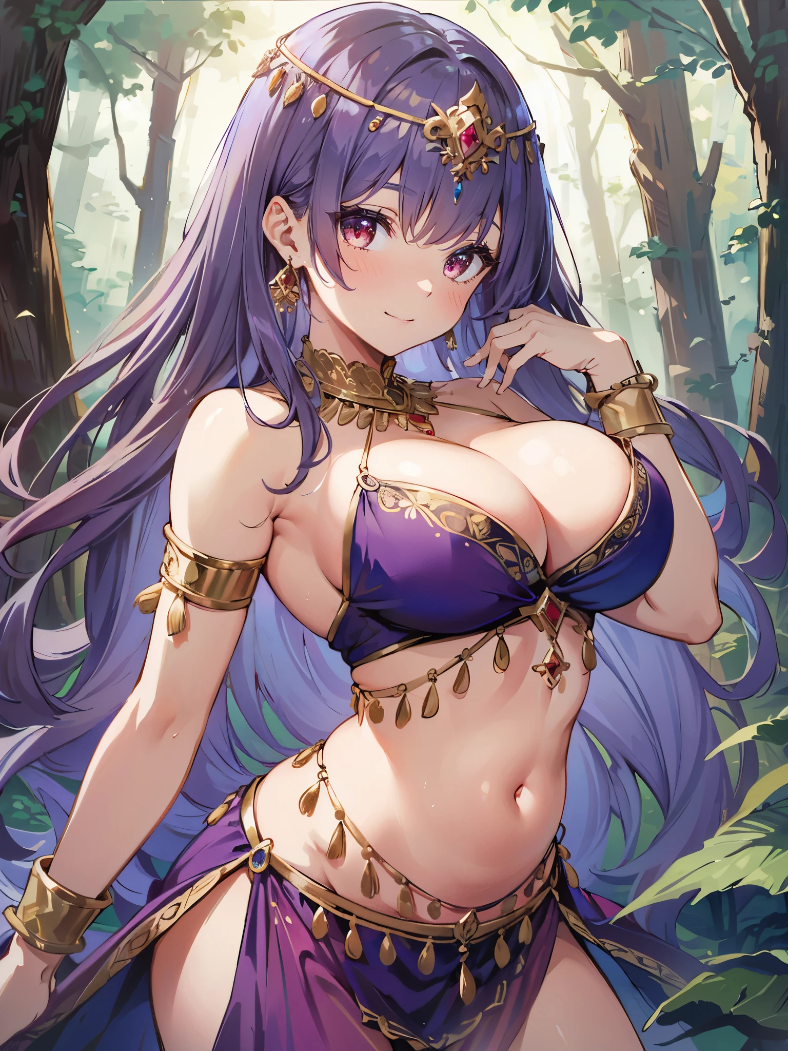 high quality, ultra detailed, best quality, insanely detailed, beautiful, masterpiece, 1girl, forest, cowboy shot, red eyes, long hair, light purple hair, (belly dancer, harem outfit, pelvic curtain:1.2), bare legs, circlet, earrings, armlets, bracelets, bashful smile, dancing, large breasts, cleavage, soft stomach