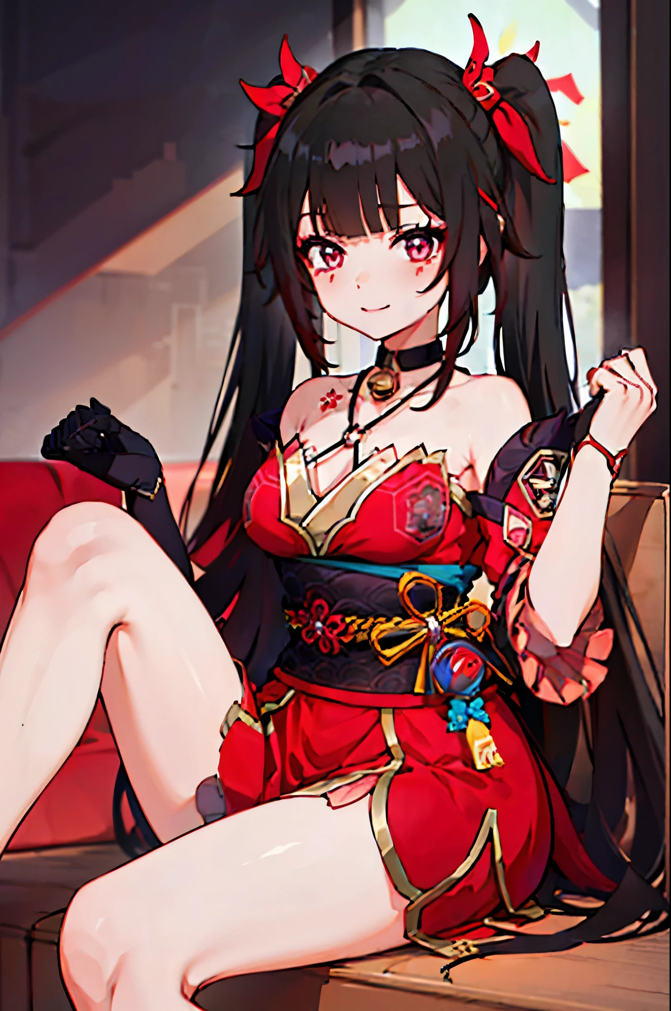 (2 heads:1.3), 1 woman, Sparks \(Honkai: Star Rail\), Twintail, hair accessories, alone, Off shoulder kimono, black nails, Mask on the head, Arms separated, choker, heart, Single gloves, Wristband, Hanging rope across, thigh strap, smileที่พอใจ, sitting on the sofa, cross your legs., cross your legs, Look at the viewer., Barefoot, living room, Masterpiece, illustration, beautiful, 4K, 8ก,DSLR Photos, (8ก, 4K, Masterpiece),(Masterpiece, best quality), best resolution, (3 heads:1.5),Arms separated,arm circle, (Put your hands on your head....), (lower hand on ankle), (lower hand on leg), Full content in the frame, full body view, (four arms),(Multi-arm),(many hands), รูปร่างเพรียวบาง Masterpiece,best quality,best resolution,1 woman,many heads, upper body, smile, Facing the audience,big breasts,simple background,หน้าbeautiful,ผมbeautiful,ดวงตาbeautiful,ร่างกายที่beautifulงาม,มือbeautiful,conjoined twins