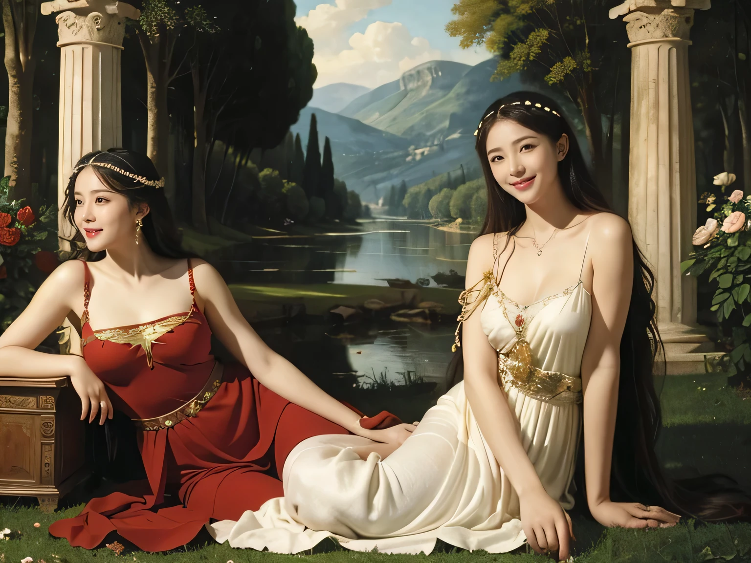 Giorgione painting style,Arguments of two female P、roses in vase、fruits、Cute trinkets、smile、ancient greek costume、Background is a forest lake at night 、Clothes that stretch your shoulders、A big smile、beautiful bare skin,Woman singing with sheet music