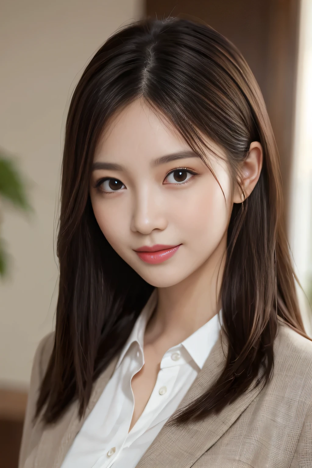 table top、highest quality、genuine、Super detailed、finely、High resolution、8k wallpaper、one beautiful woman、、、light brown disheveled hair、wearing a business suit、sharp focus、perfect dynamic composition、beautiful and detailed eyes、thin hair、詳細なgenuineな肌の質感、smile、close-up portrait、model body shape
