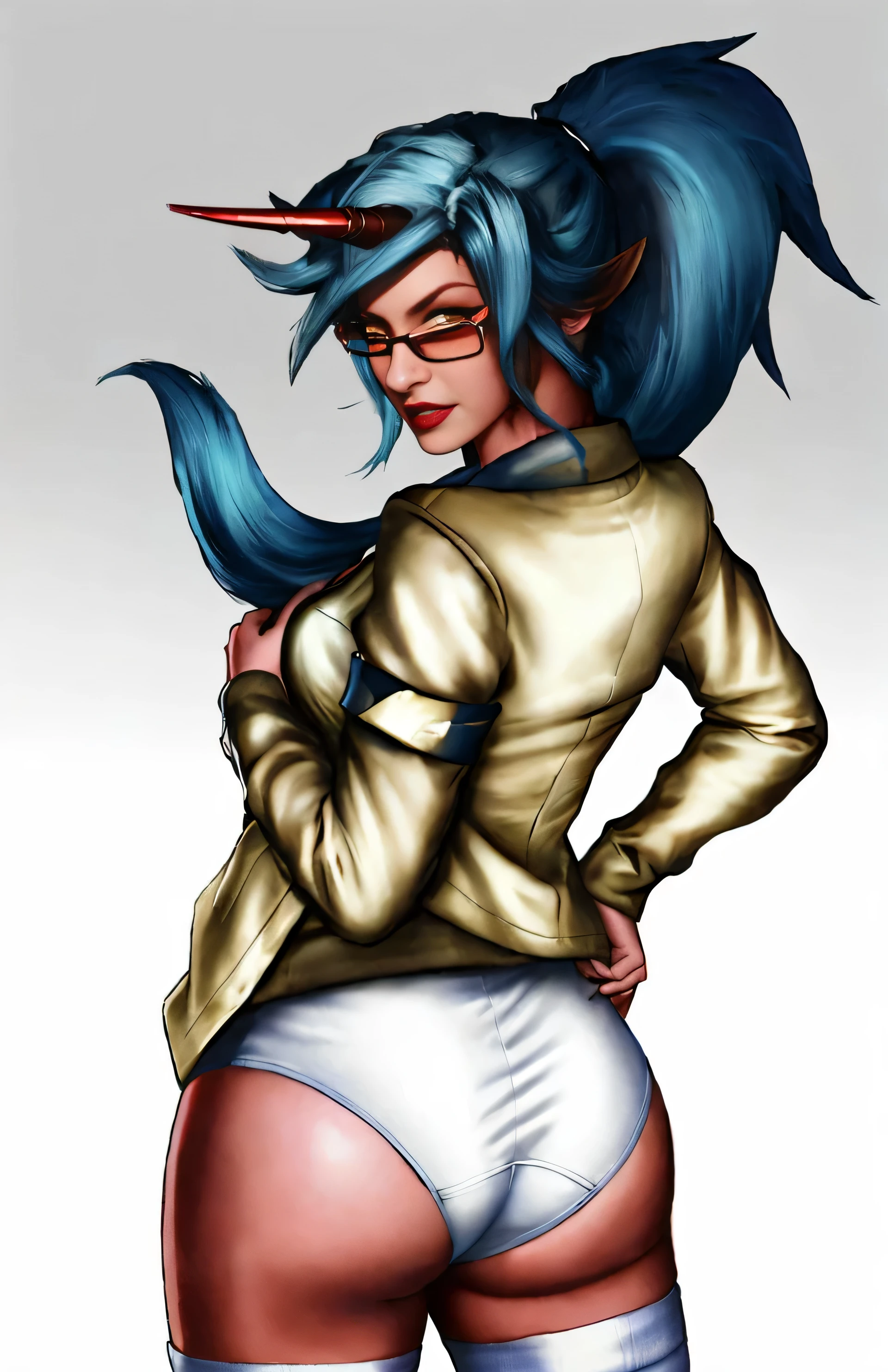 ((masterpiece, best quality)), ((27 year old)), (((Curvy))), (((Red-skinned demon woman with horn and long blue ponytail))), lifting up brown military uniform to reveal, ((white cotton panties)), (((Large Hips))), ((deviously smirking)), Yellow eyes, black lipstick, Black glasses, White long-socks, (((photo realistic))), ((90's film, 90's movie scene, 90's TV Style))