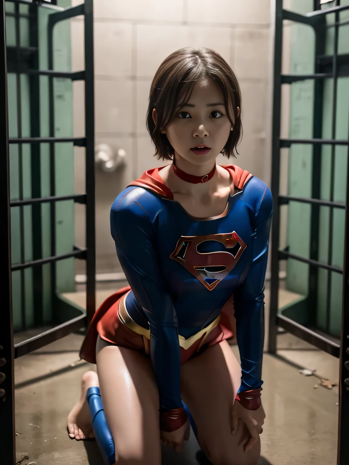 masterpiece、supergirl costume、short hair、barefoot、Big and full breast station、Crisis situation、prison、in a cage、sense of abuse、kneel down、sweaty、shiny、looking at camera、Seduce、choker、long sleeve、red sexy pose、POW camps、humiliating、