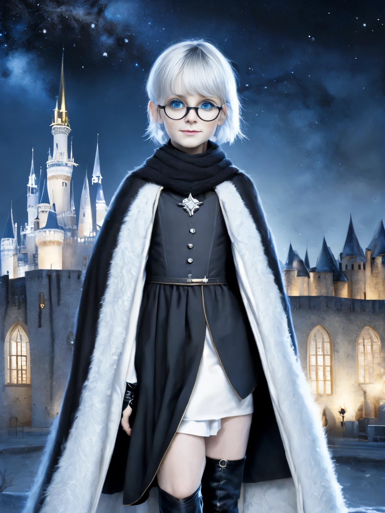 (Realistic:1.2), midshot, (Illustration of a shy cute pale ivory female half elf sorcerer wearing a long sleeve black dress, dark grey scarf , white cape, black gloves, black boots , with pale short hair with silver straight bangs , blue eyes, oversized round glasses, magical castle academy for background