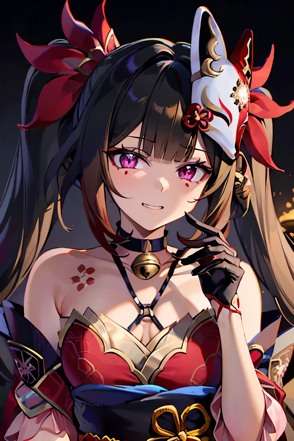 masterpiece, high quality, 1girl, amazing cinematic, sparklehsr, evil, menacing, glowing eyes, yandere, holding face, red gold-trimmed kimono, o-ring halterneck, hair ornaments, well-drawn hands, fingers, bare hand, thumbs, mole under both eyes, red string, flower tattoo, neck bell, red fox mask on head, butterfly-shaped pupils, brown gradient hair, ominous red lighting, scary, grinning, spider lily flowers, 