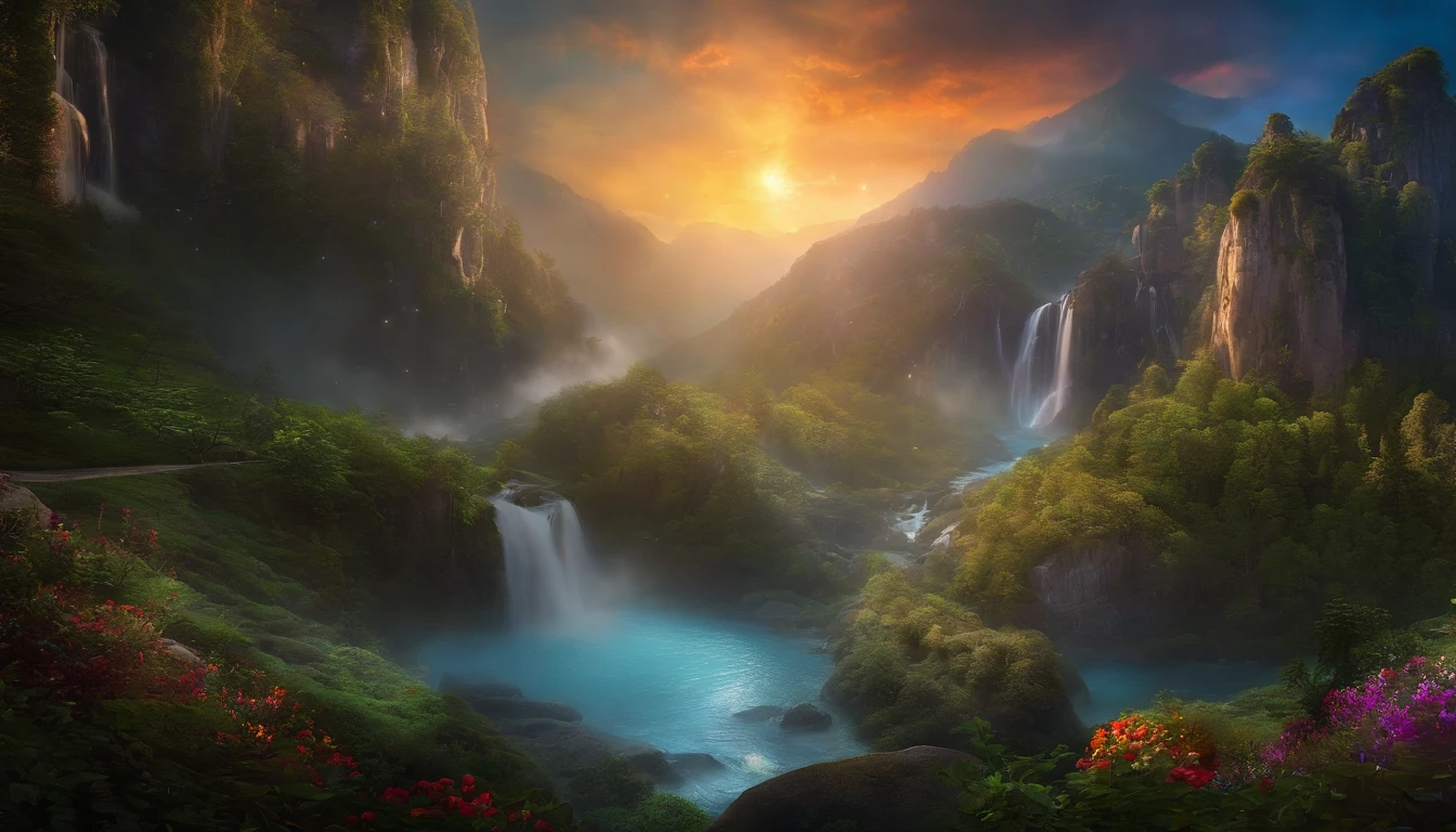 highest quality, masterpiece, Beautiful wild and natural fantasy with glowing lights