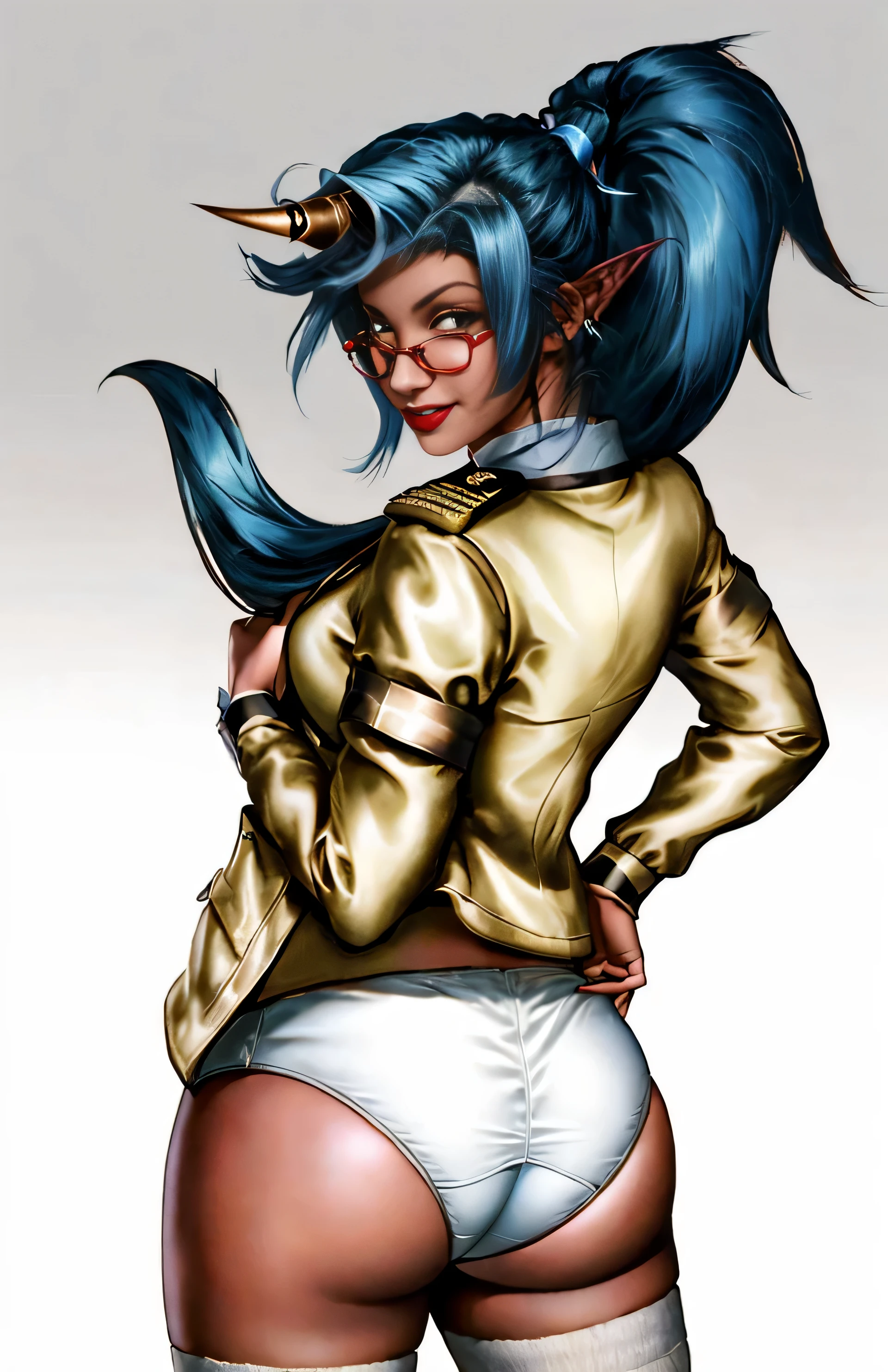 ((masterpiece, best quality)), ((27 year old)), (((Curvy))), (((Red-skinned demon woman with horn and long blue ponytail))), lifting up brown military uniform to reveal, ((white cotton panties)), (((Large Hips))), ((deviously smirking)), Yellow eyes, black lipstick, Black glasses, White long-socks, (((photo realistic))), ((90's film, 90's movie scene, 90's TV Style))