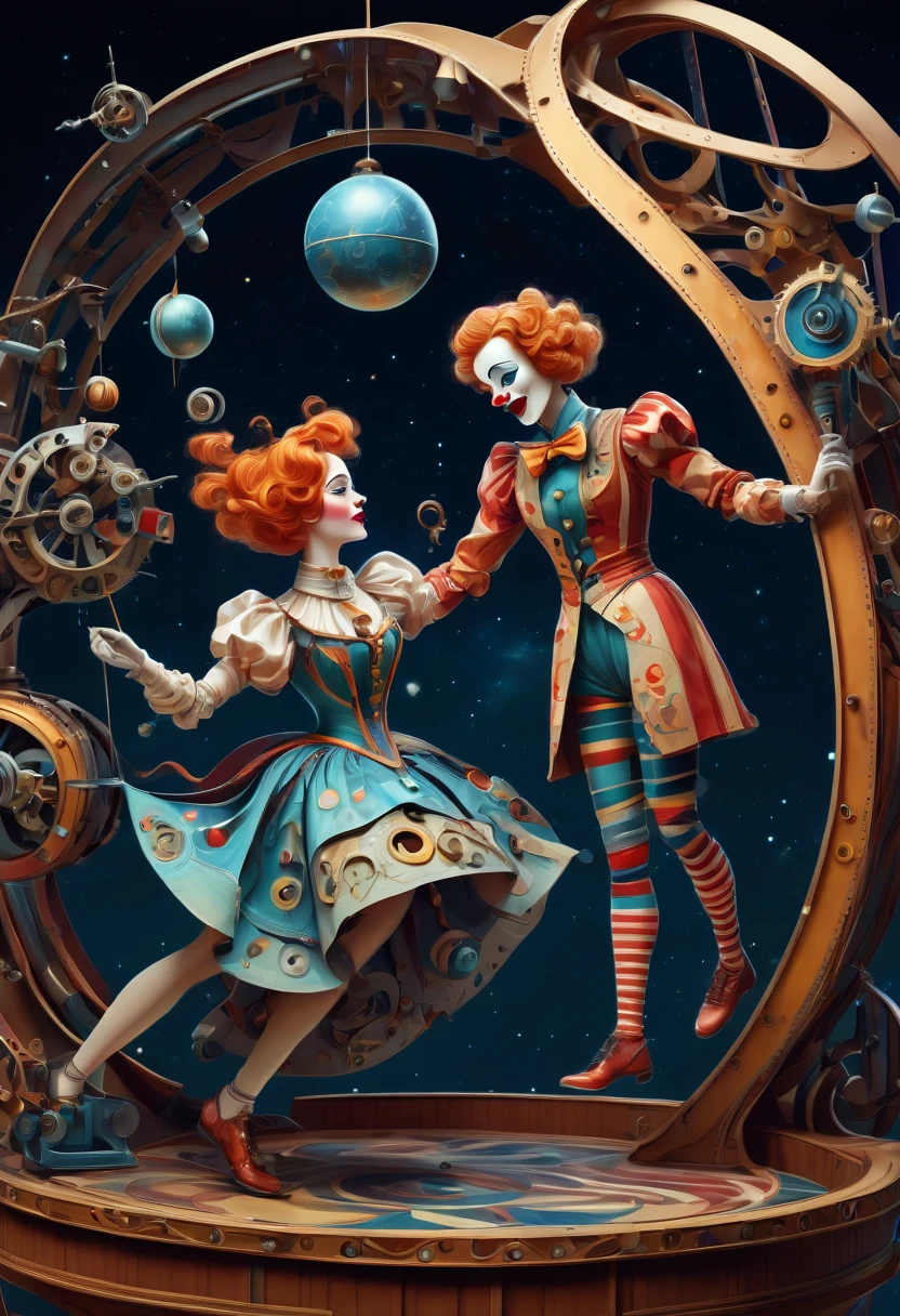 (best quality, highres, ultra sharp), scene of a mechanical woman in a workshop fixing magical mechanical clown puppet , about the curvature of space time, jumping from the box, art deco, zentangle, full colored,3d crunch, cinematic