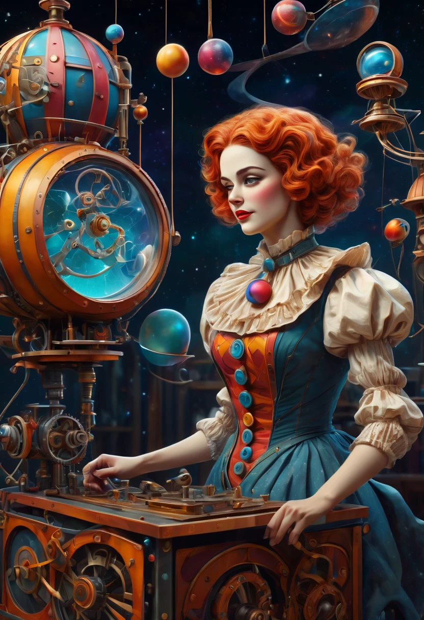 (best quality, highres, ultra sharp), scene of a mechanical woman in a workshop fixing magical mechanical (clown puppets), about the curvature of space time, working, art deco, zentangle, full colored,3d crunch, cinematic, starry sky printed clothes,
