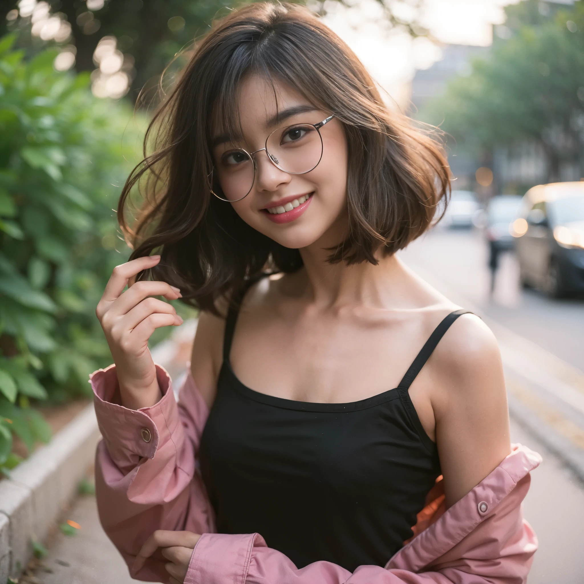 Candid film photography, a beautiful Indonesian-looking woman aged 20 years, wearing oval glasses, short wavy bob hairstyle, wearing a black tank top wrapped in an oversized pink shirt, photo pose from the right side with a smiling face, both hands shaking her hair and looking at the camera, the background is a sidewalk with green vegetation around it. bokeh, high detail, retro gradient effect, nikonz50 po, 10-20mm cropsensor lens, Ss 1/6  f 4.6  iso 100