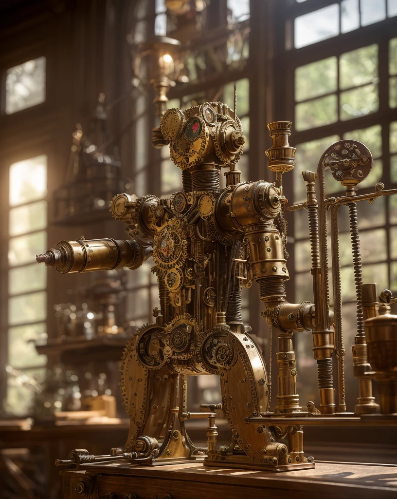 A mechanical puppet, steampunk style, with intricate gears and clockwork mechanisms, in an antique workshop. The puppet has detailed bronze limbs, gears, and joints. It is motionless but seems ready to spring to life. The workshop is filled with scattered tools, rusty metal parts, and shelves lined with glass jars containing screws, bolts, and other mechanical components. The lighting is dim, with rays of sunlight streaming through the dirty windowpanes, casting long shadows across the room. The color palette is predominantly warm and rustic, with shades of sepia, bronze, and aged wood. The overall atmosphere is mysterious and nostalgic, evoking a sense of the past and the intricate craftsmanship that went into creating this mechanical marvel. The image should be of the best quality, with ultra-detailed, photorealistic rendering.