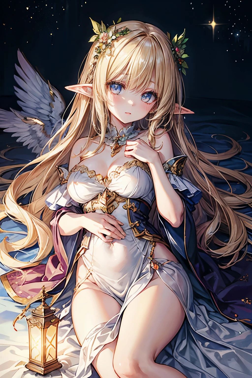 elf woman,detailed face,detailed eyes,laying on the bed,photorealistic,ultra-detailed,soft lighting,enchanted atmosphere,fantasy,glowing wings,feminine,delicate,hair flowing in the air,golden jewelry,peaceful expression,ethereal beauty,sleeping peacefully,flower crown,serene background,vivid colors,twinkling stars,whimsical,moonlit night, magical essence