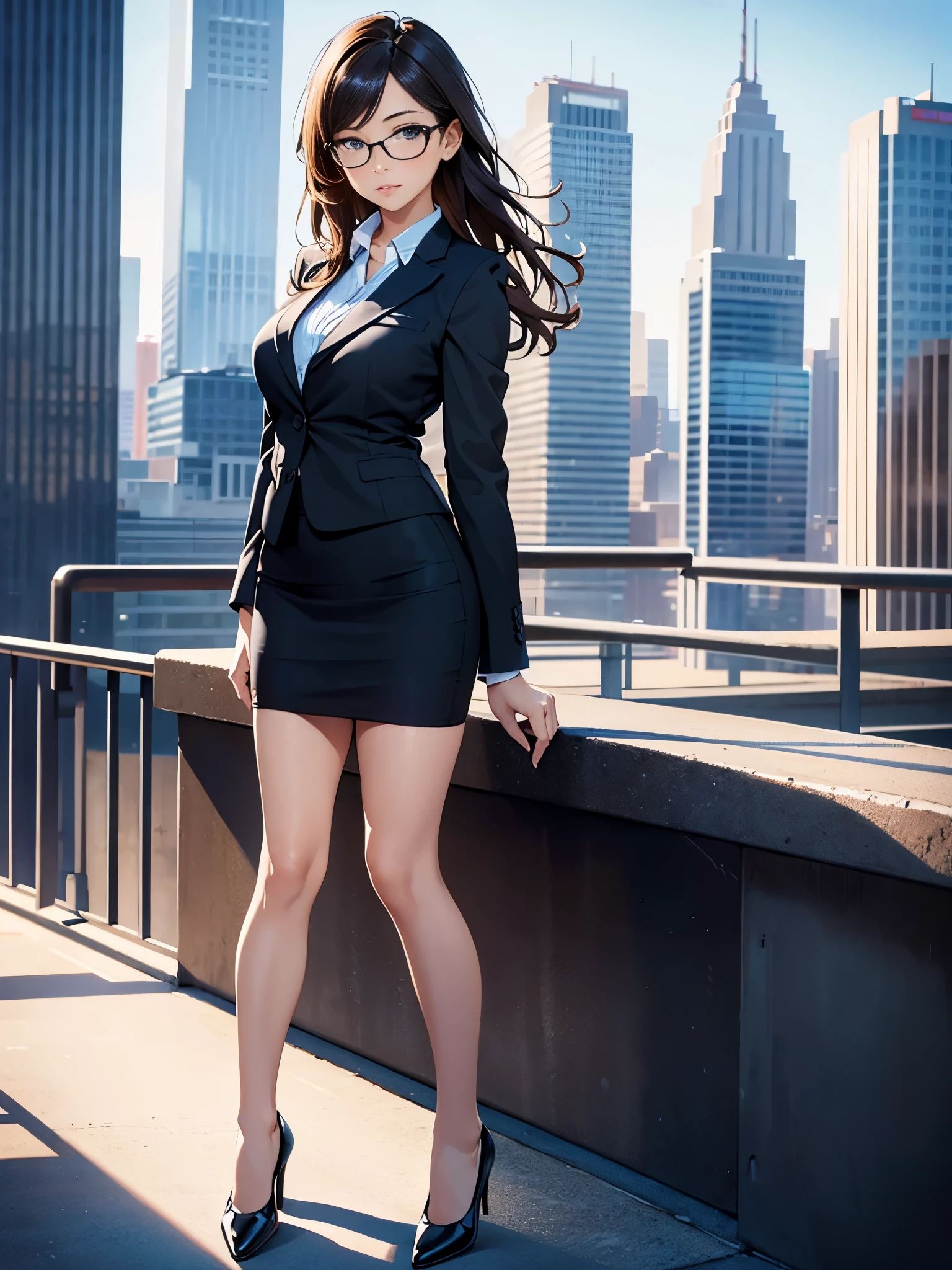 masterpiece, best quality, 1girl, medium breasts, office lady, suit, pencil skirt, miniskirt, bare legs, shoes, city backdrop, solo, single, standing, full body shot, cowboy shot, beautiful detailed eyes, glasses, (full body shot, cowboy shot), medium hair