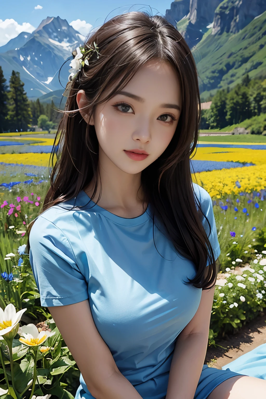 ideal tits, fitted blue t-shirts, romantic, pre-wedding photoshoot, flower field mountain background, close-up