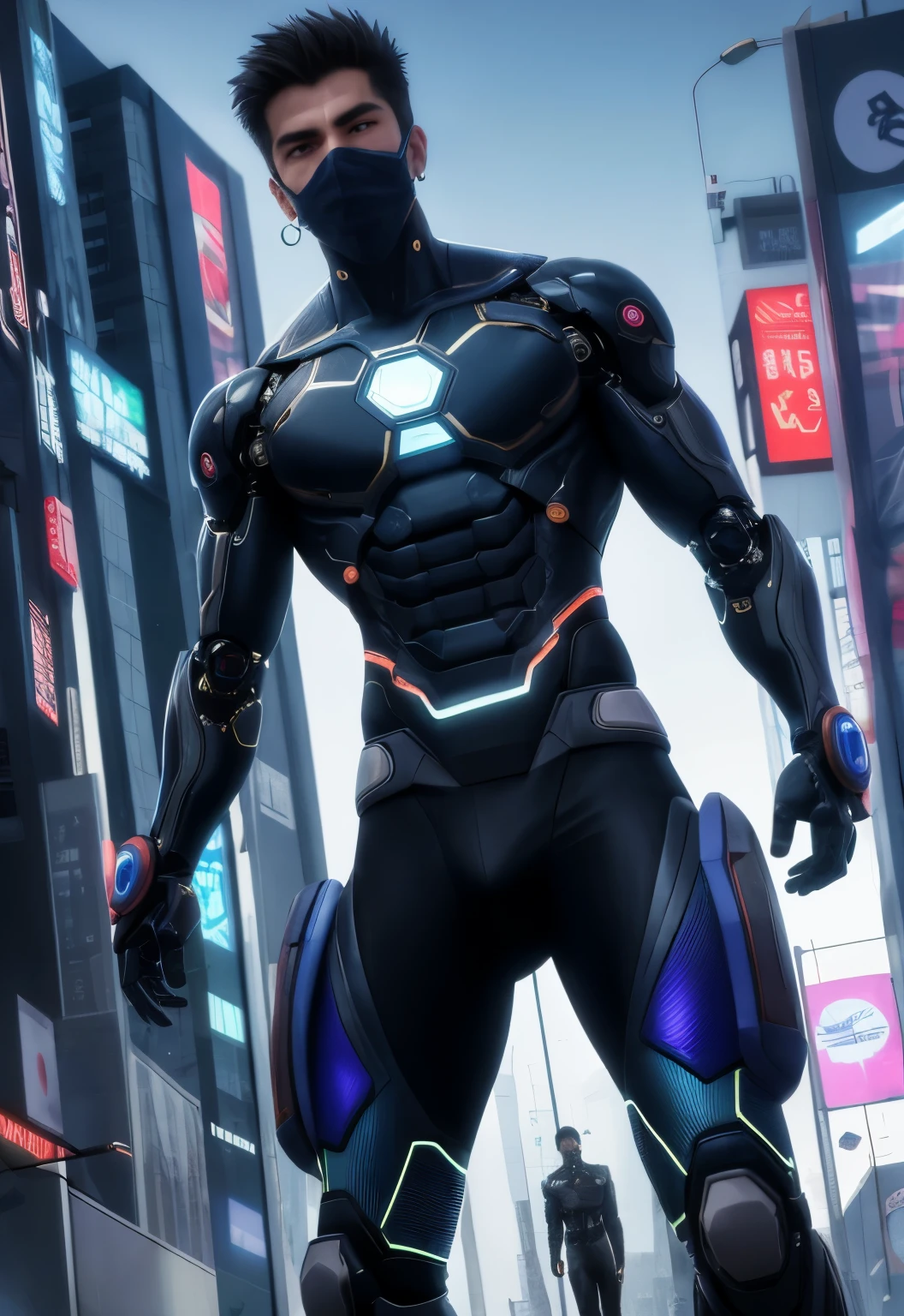The Warrior's Determination. Gere uma imagem com um cyberpunk inspirado, strong male warrior standing in a neon-lit cityscape. Ele encarna a honra e a integridade, prontos para lutar pela verdade. The image should capture your determination while fitting a 9:Ratio of 16 wearing a mask that goes from mouth to nose , wears a circular artificial intelligence eye cover , has a robot outfit , estilo futurista , e moderna . This character is an alien, NO ENTANTO, its appearance is similar to a human being , your whole body has artificial intelligence . garoto saltando de paraquedas, nuvens, Vento, muscular,
cores vibrantes, estilo de arte colorido,
soft lighting, sombras suaves, texturas detalhadas, dynamic lighting,
beautiful hands, perfect hands,