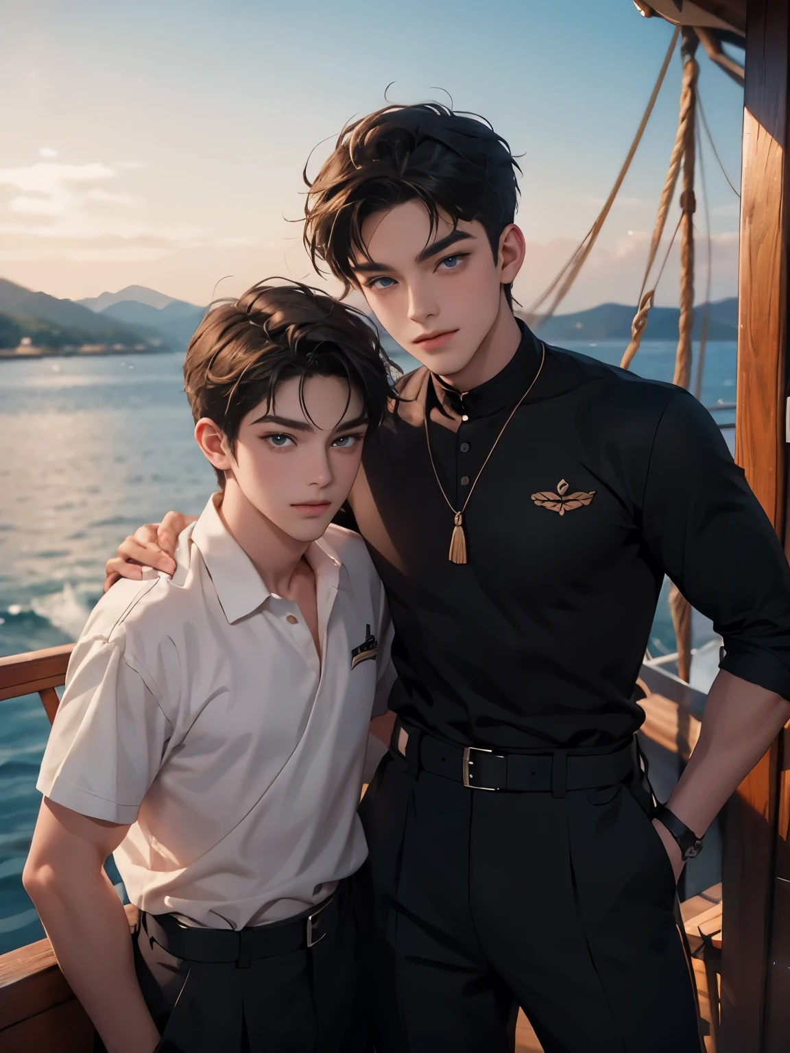 Highest quality portrait of two young sailors ,cabin boy sailor. on the deck of a ship . Two young attractive boys in matris uniform . beautiful , smiling , Friends . Photo portrait of the highest quality !