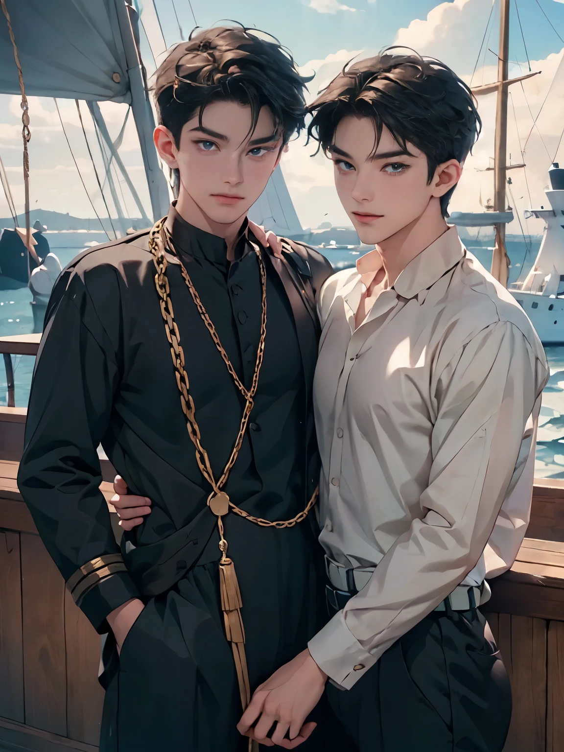 Highest quality portrait of two young sailors ,cabin boy sailor. on the deck of a ship . Two young attractive boys in matris uniform . beautiful , smiling , Friends . Photo portrait of the highest quality !