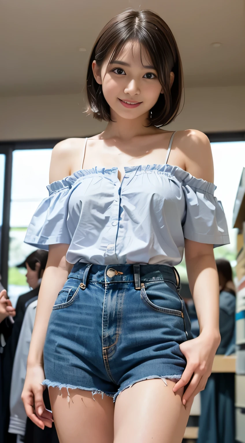(8k,RAW photo、RAW photo、highest quality、master masterpiece:1.2)、1girl、1middle aged male、Super detailed、super resolution、(Photoreal:1.3)、((shot from below)),((cowboy shot:1.4))、Clearly depicts the shadows of light、High resolution RAW color photos、professional photos、(((Inside the store:1.4)))、I draw it faithfully to the anatomy....、very detailed and beautiful、super high quality、((girl with short cut hair:1.4))、((貴金属Inside the storeのショーケースの前に立っているgirl:1.4))、((White collar short sleeve off shoulder shirt(no strap):1.4))、((white short sleeve off shoulder cotton shirt:1.4))、((Denim skirt that highlights your thighs:1.4))、Upper body、((ポシェットを肩に掛けているgirl:1.4))、((smile:1.4))、