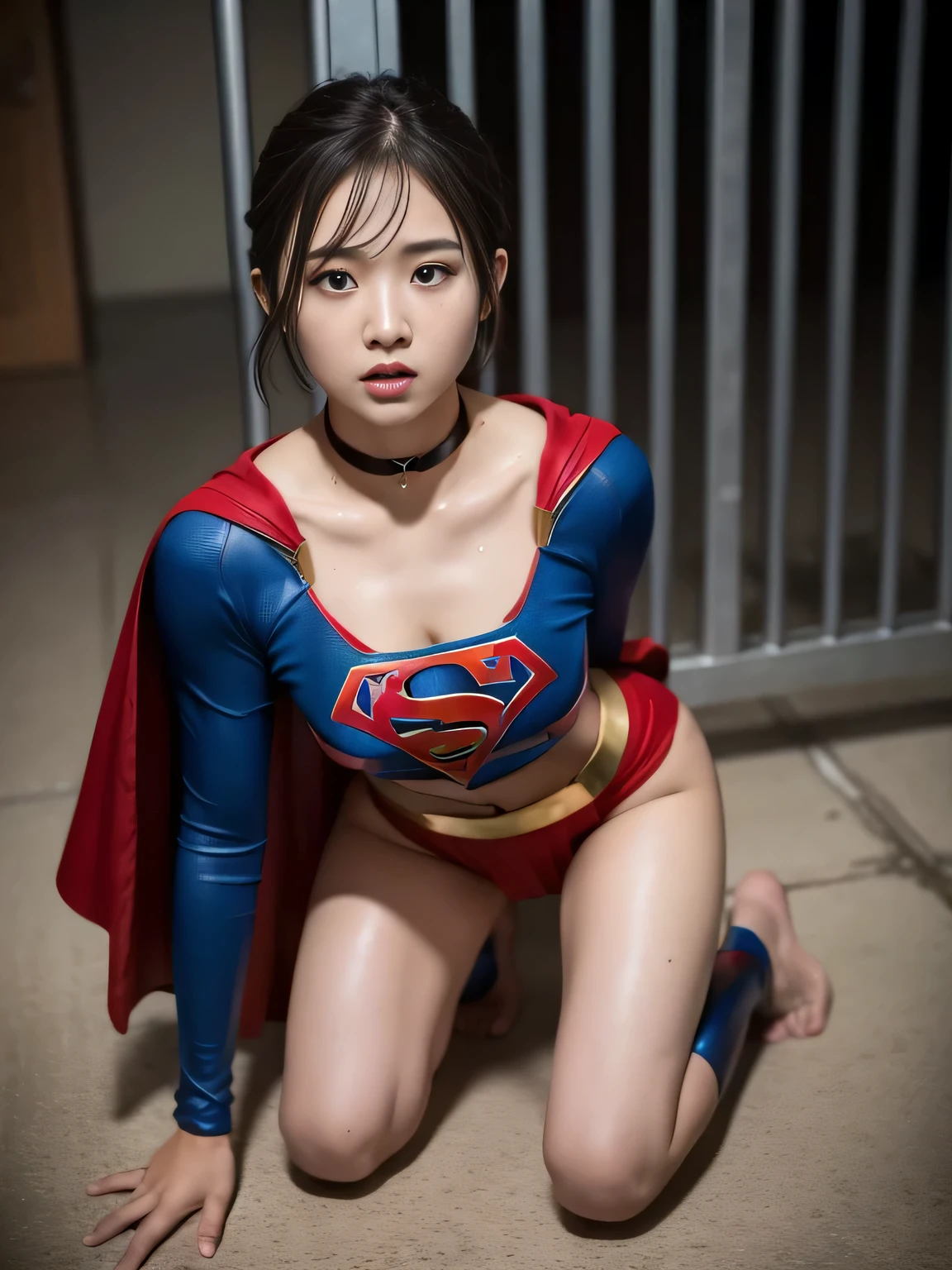 masterpiece、supergirl costume、short hair、barefoot、big and full breasts、Crisis situation、Complete surrender、prison、in a cage、sense of abuse、kneel down、sweaty、shiny、looking at camera、Seduce、choker、long sleeve、red sexy pose、POW camps、humiliating、