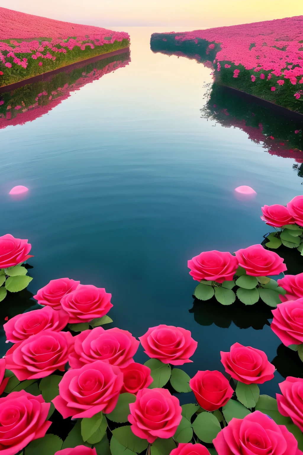 Breathtaking masterpiece, ultra high definition, wide-angle shot, 10,000 red and pink roses gracefully floating on the tranquil sea, creating a surreal, enchanting scene, (astonishing: 1.5), exquisitely detailed, pristine waters reflecting the roses' vibrant colors, no sign of a ship or human presence, immersive, best quality, super high resolution.