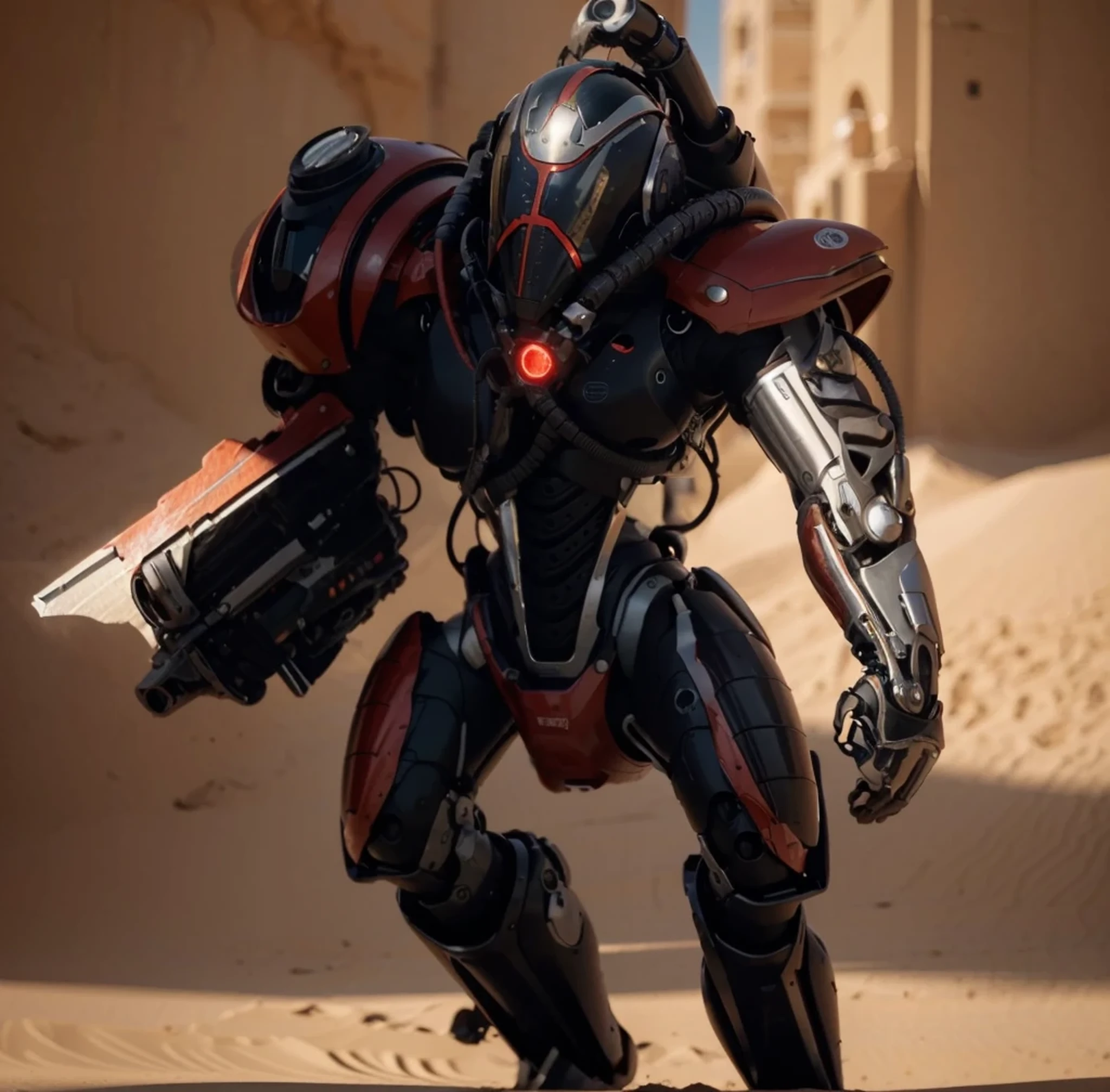 Ultra advanced biomechanical cyborg, head with domed helmet and torso of man with robotic inserts, negro y rojo, He has a biomechanical scorpion tail on his back., Cables y tubos rodean su cuerpo., one of his arms is a laser cannon, He is in the middle of the sand desert., Sunny day, 4k, ultra detallado image, realista, muy detallado, perfect composition, splendid, intrincadamente detallado, incredibly detailed, 8k art photography, hiper detallado, Obra maestra, ultra detallado, hyper realista, 4k, ultra detallado image, realista, muy detallado, perfect composition, splendid, intrincadamente detallado, incredibly detailed, 8k art photography, hiper detallado