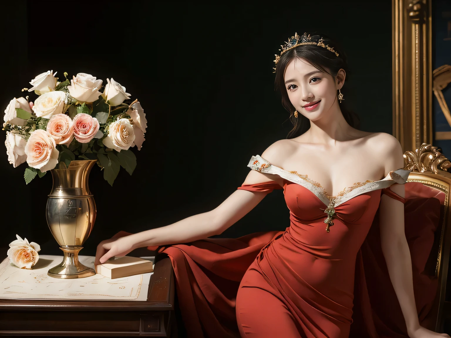 Jacques-Louis David painting style,Arguments of two female Philosophe,math、astronomical machine、astronaut、roses in vase、fruits、Cute trinkets、smile、ancient greek costume、Background is a forest lake at night 、Clothes that stretch your shoulders、A big smile、beautiful bare skin、A detailed representation of the seducing woman throughout her body.