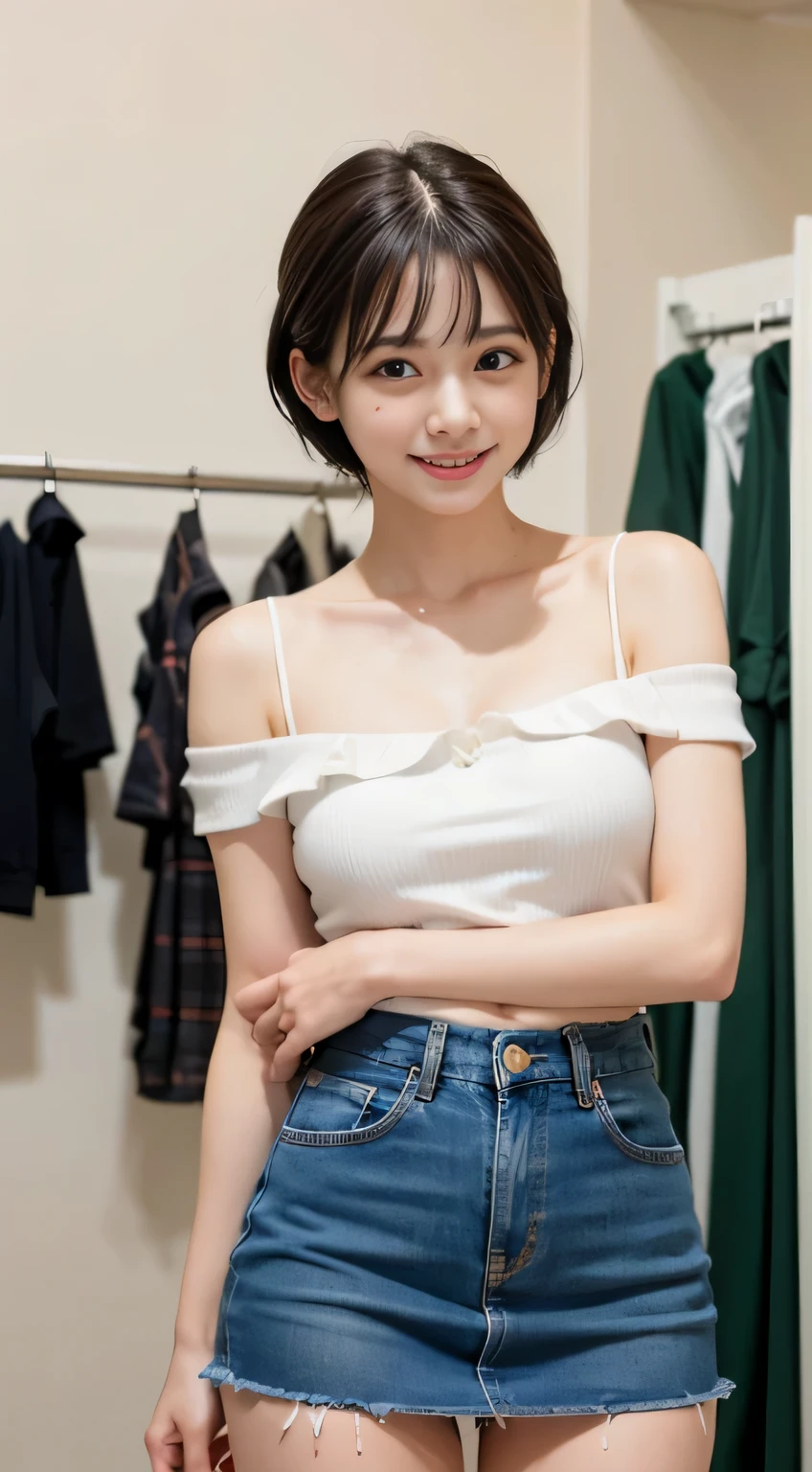 (8k,RAW photo、RAW photo、highest quality、master masterpiece:1.2)、１girl、１middle aged male、Super detailed、super resolution、(Photoreal:1.3)、((shot from below)),((cowboy shot:1.4))、Clearly depicts the shadows of light、High resolution RAW color photos、professional photos、(((Inside the store:1.4)))、I draw it faithfully to the anatomy....、very detailed and beautiful、super high quality、((girl with short cut hair:1.4))、((貴金属Inside the storeのショーケースの前に立っているgirl:1.4))、((White collar short sleeve off shoulder shirt（no strap）:1.4))、((white short sleeve off shoulder cotton shirt:1.4))、((Denim skirt that highlights your thighs:1.4))、Upper body、((ポシェットを肩に掛けているgirl:1.4))、((smile:1.4))、