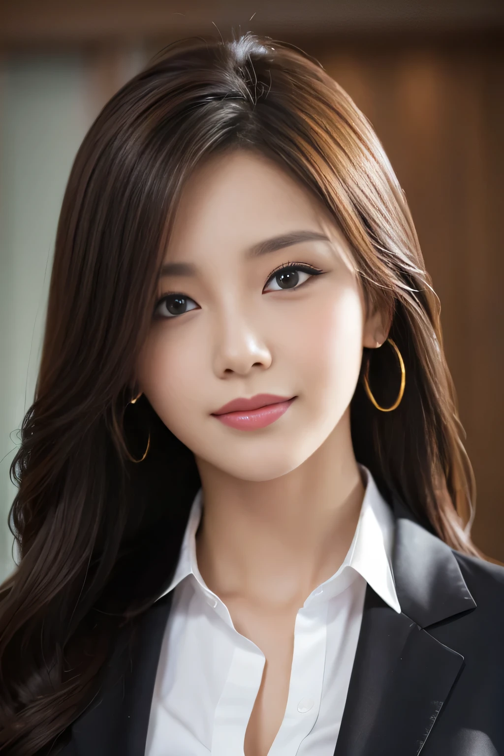 table top, highest quality, realistic, Super detailed, finely, High resolution, 8k wallpaper, 1 beautiful woman,, light brown messy hair, wearing a business suit, sharp focus, perfect dynamic composition, finelyて美しい目, thin hair, Detailed and realistic skin texture, smile, close-up portrait, model body shape
