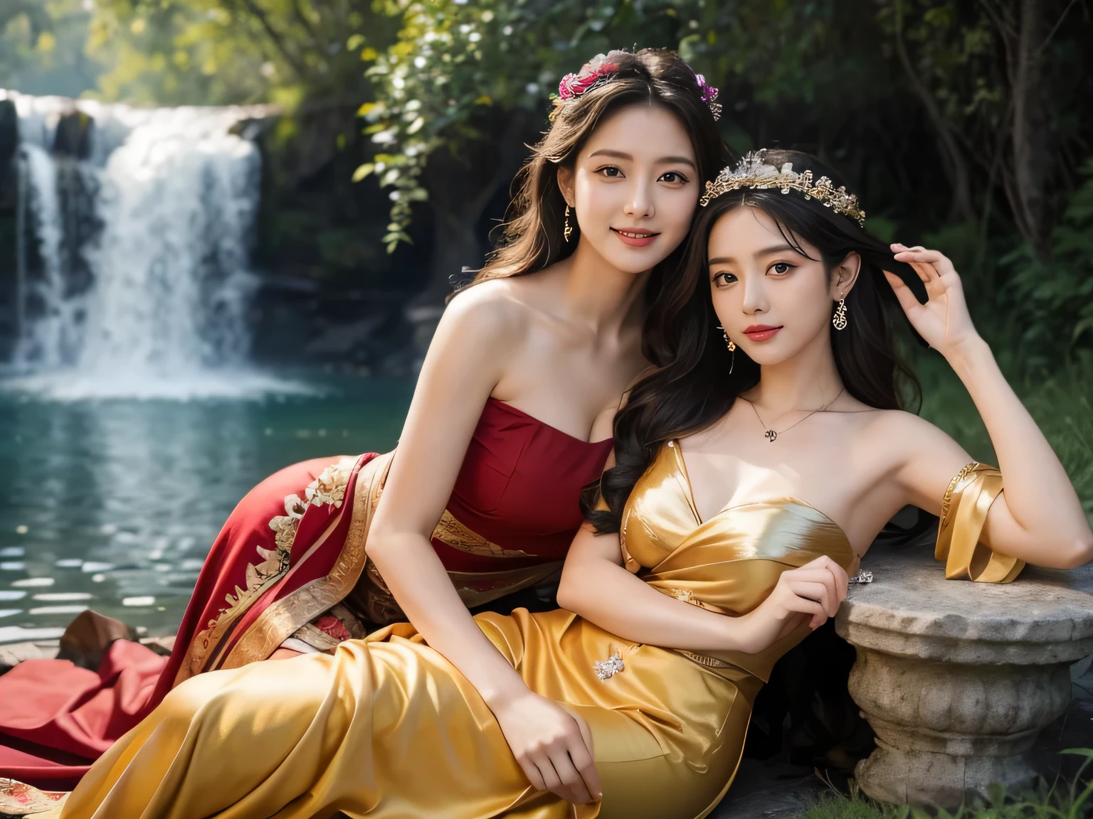 (Masterpiece:1.4), CG Unity 8k walpaper, ((Realistic: 1.2)), Ray Tracing, k,a girl 20 years, ((Luxury wearing an elegant saree: 1.2)), curly long hair,deep black eyes,shiny red lips,brown skin,lotus flower in her hair, palms decorated with henna,in a blooming garden,bright colorful flowers,green grass,blue sky,sunshine falling on her,peaceful and serene expression,subtle smile on her face,fingers delicately touching flower petals,body language full of grace and elegance, scenic beauty,painting as medium,detailed and vivid,high-resolution image,photorealistic rendering,vibrant colors,soft lighting, ((luxury Lovely Glitter Peach colour Cowl Homecoming Dress: 1.2)), [(4 different Poses),(pose 1: Grab hair with both hands, tighten tummy to lift hips,stand side ways),(pose 2: strech your arm,hand on hip, tighten tummy and lift hip),(pose 3: tilt head to smile,put arm behind back,place arm side by leg),(pose 4: title your head to smile,put your hands naturally by your side,stand side ways)], (Detailed poses), (Detailed Dress), (detailed background) , Beautiful human real fingers, beautiful human real hands, Real human natural skin, 