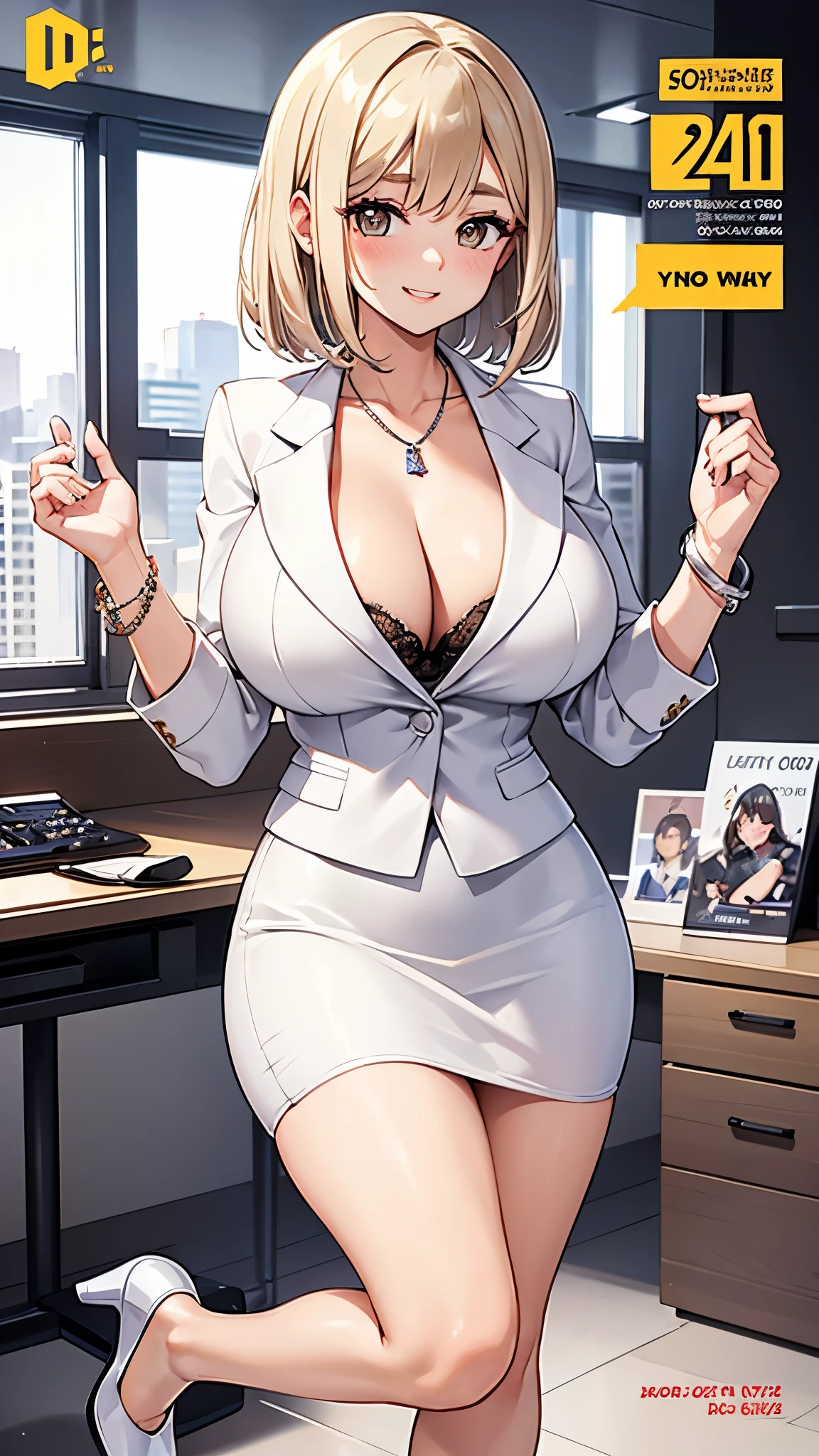 cover of a business magazine,dressed as sexy office worker, long white pencil skirt, white blazer with sexy lace shirt underneath, diamond wedding ring, diamond herringbone necklace, diamond bracelets,diamond watch, diamond shoes,happy, smiling,dark blonde bob hairstyle, wispy bangs, medium cleavage showing, thick lips, thick eyebrows, upturned nose,thick eyelashes, perfect legs, perfect anatomy, perfect hands, slight dimples, sparkling light brown eyes, window in background, giving a speech