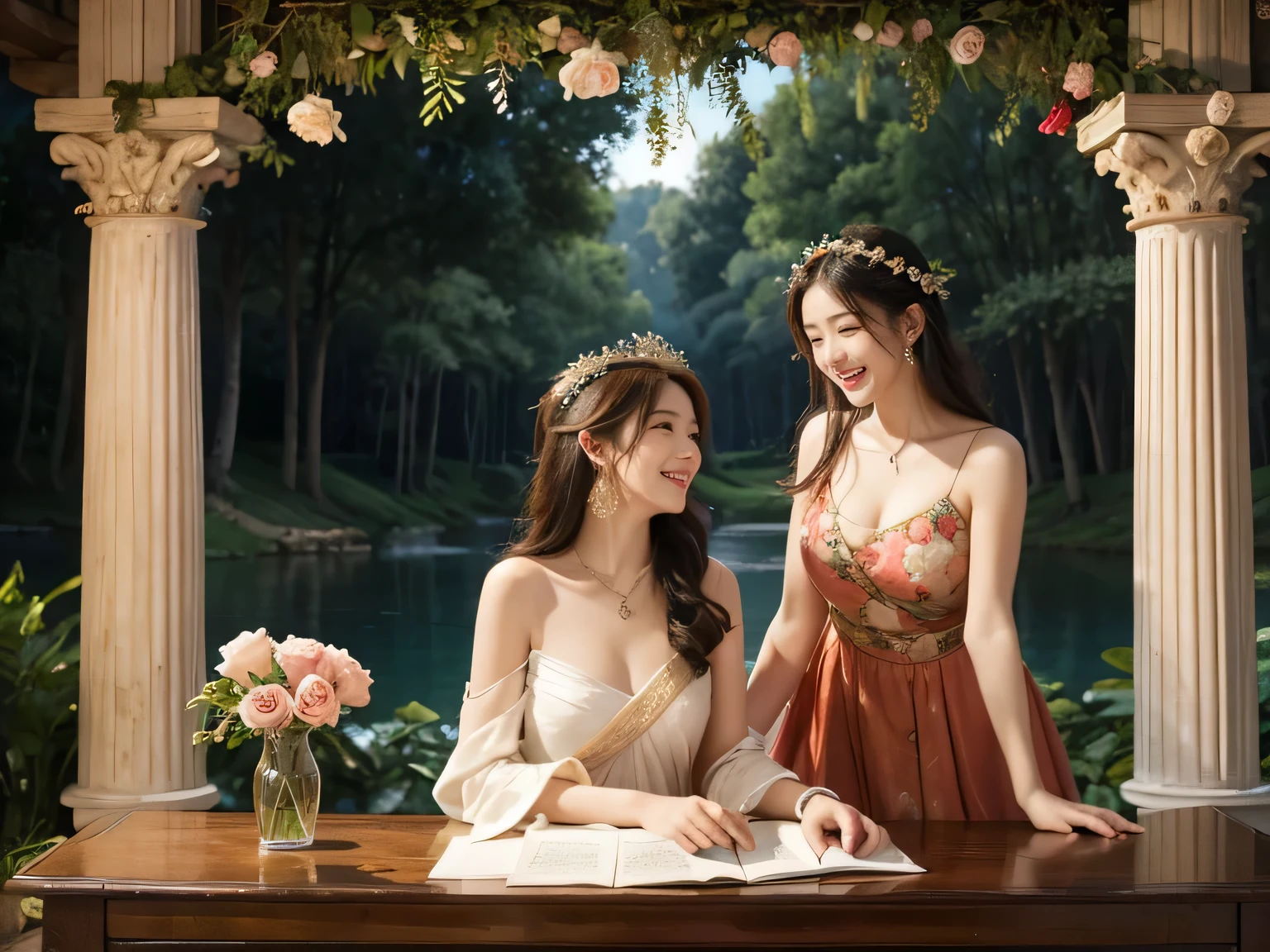 Giorgione painting style,Arguments of two female P、roses in vase、fruits、Cute trinkets、smile、ancient greek costume、Background is a forest lake at night 、Clothes that stretch your shoulders、A big smile、beautiful bare skin,Woman singing with sheet music
