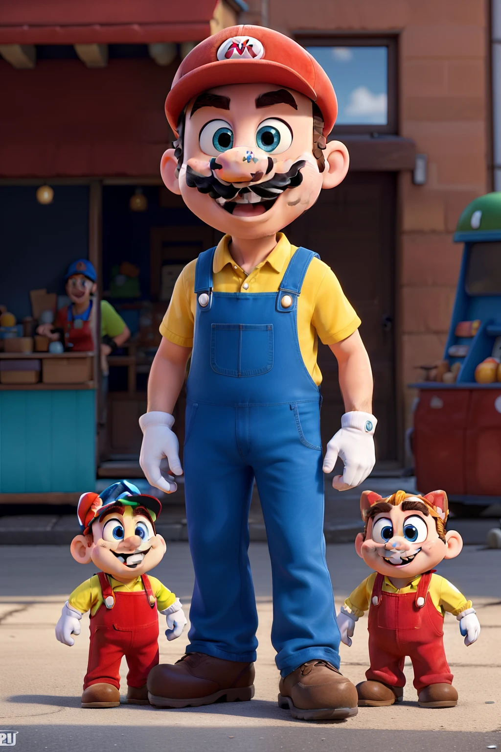 Mario siblings and Gumball characters engaged in an exciting and vibrant showdown in the bustling town setting, reminiscent of a lively S2 episode. The iconic mustachioed Mario siblings, dressed in their classic red and blue overalls, display determined expressions as they face off against the cartoonish Gumball and his brother Anais. The background is filled with lively colors, and the atmosphere is full of playful energy. Each character exudes their unique charm and personality, making for a captivating and memorable scene.