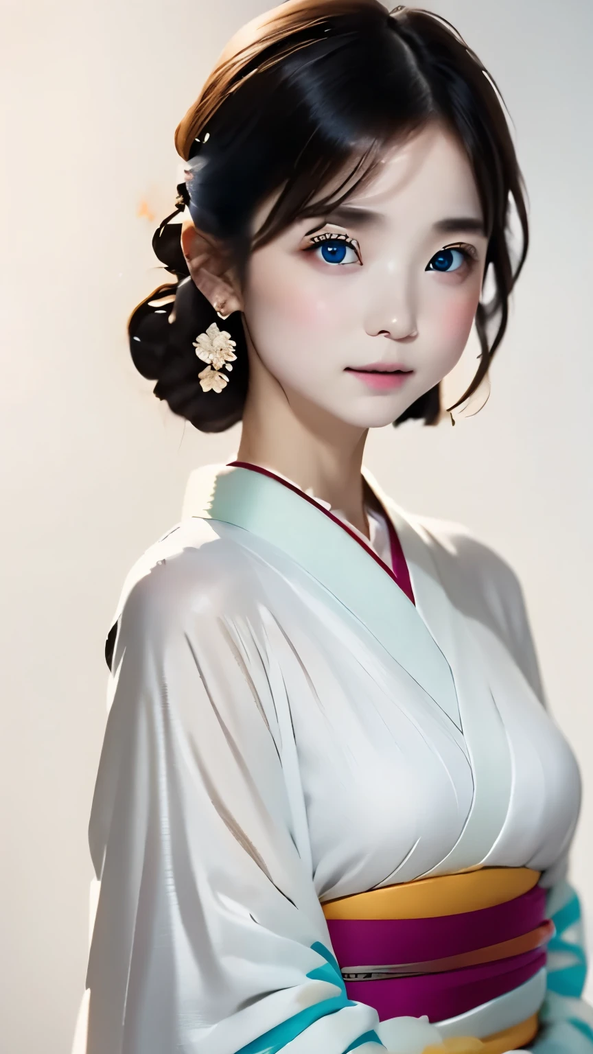 (((White world、white background)))、born、real stick、realistic、very cute woman、perfect beauty、natural look、no makeup、beautiful plump black hair、yamato nadeshiko、beautiful light purple kimono、Nishijin-ori kimono、Very delicate kimono pattern、beautiful angle、elegant pose、white background、background white、focus on the face、upper body angle、highest quality、High resolution、masterpiece:1.Ortrate、８ｋ、50ｍｍlens、perfect lighting、professional photographer