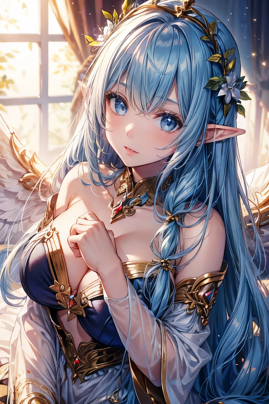 elf woman,detailed face,detailed eyes,laying on the bed,photorealistic,ultra-detailed,soft lighting,enchanted atmosphere,fantasy,glowing wings,feminine,delicate,hair flowing in the air,golden jewelry,peaceful expression,ethereal beauty,sleeping peacefully,flower crown,serene background,vivid colors,twinkling stars,whimsical,moonlit night, magical essence