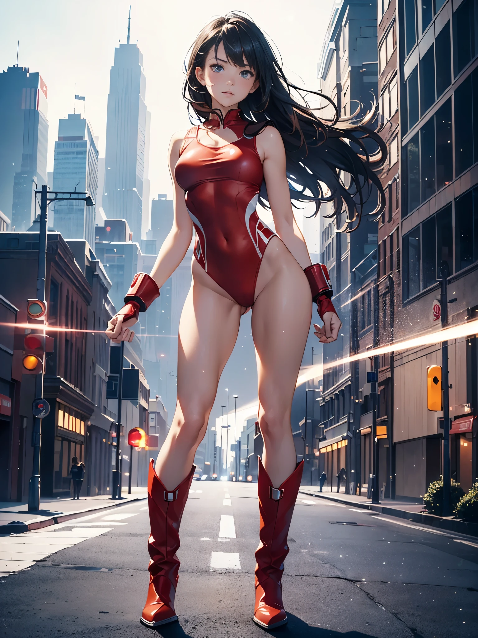 masterpiece, best quality, 1girl, medium breasts, (leotard, red leotard with white accents, sleeveless, midriff), bare legs, boots, matching boots, bracelets, city backdrop, solo, single, standing, heroic, (full body shot, cowboy shot), beautiful detailed eyes, medium hair, superhero, (glow, powering up, light particles)