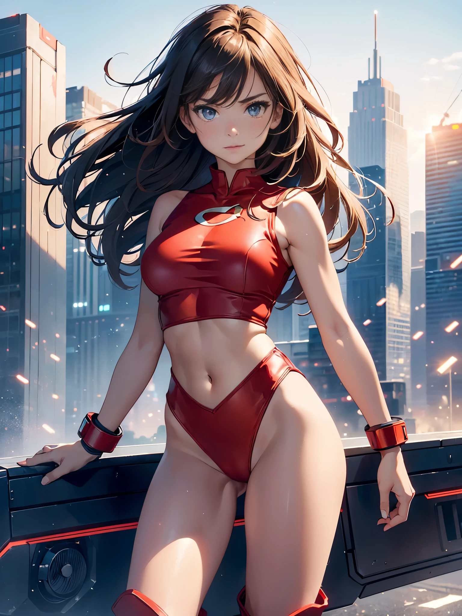 masterpiece, best quality, 1girl, medium breasts, (leotard, red leotard with white accents, sleeveless, midriff), bare legs, boots, matching boots, bracelets, city backdrop, solo, single, standing, heroic, (full body shot, cowboy shot), beautiful detailed eyes, medium hair, superhero, (glow, powering up, light particles)