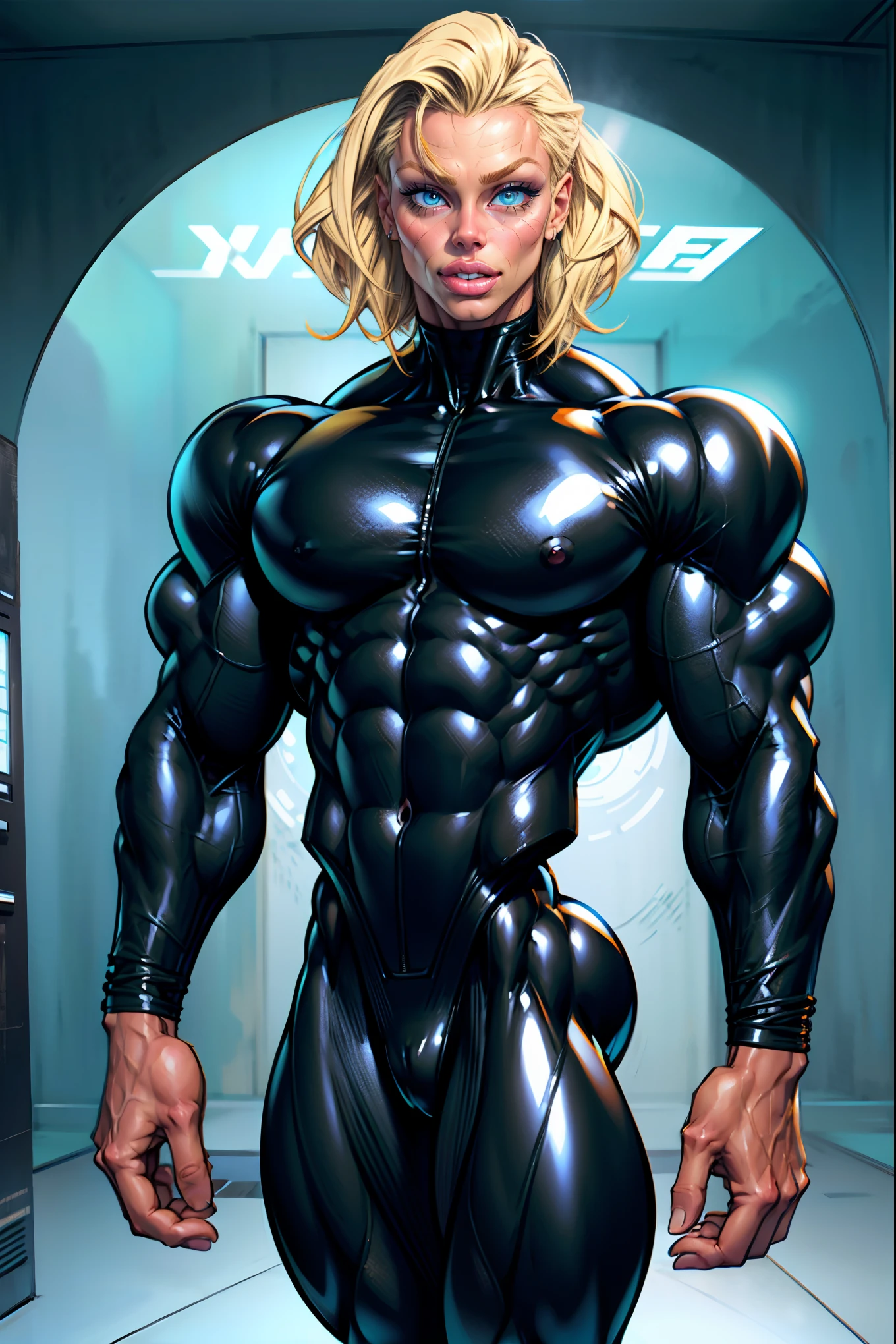 (1 girl), (pamela anderson:1.25), (blonde female fitness model:1.25), ((wide shoulders)), toned body, feminine, huge upper body, torso shot, veins, beautiful face, detailed eyes, perfect eyes, makeup, full lips, slim face, high cheekbones,(best quality, highres, ultra-detailed, realistic), ((muscular arms)), defined abs, confident expression, ((black latex bodysuit)), (full body pose), blank background