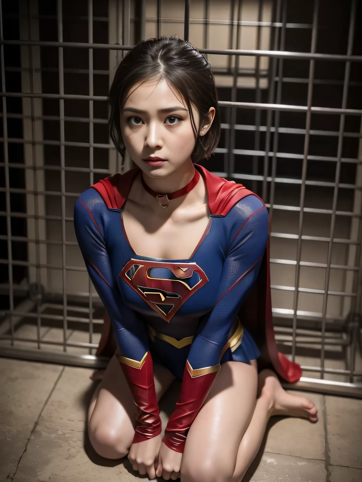 masterpiece、supergirl costume、short hair、barefoot、big and full breasts、Crisis situation、Complete surrender、prison、in a cage、sense of abuse、kneel down、sweaty、shiny、looking at camera、Seduce、choker、long sleeve、red sexy pose、POW camps、humiliating、