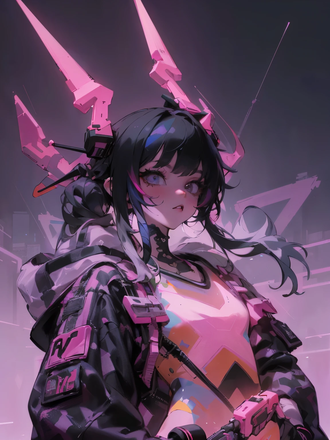 main part, best quality, Confident and sexy cyberpunk , Cowboy shooting, ((Harajuku style neon trendy clothing)), Bold colors and patterns, Attractive accessories, Modern and innovative hairstyles, Vibrant makeup, Stunning cyberpunk cityscape, skyscraper, (bright的霓虹灯标志), (bright的 LED 灯), bright、Vivid color scheme, Crazy details, Beautiful and detailed face, intricate details, Super detailed.
