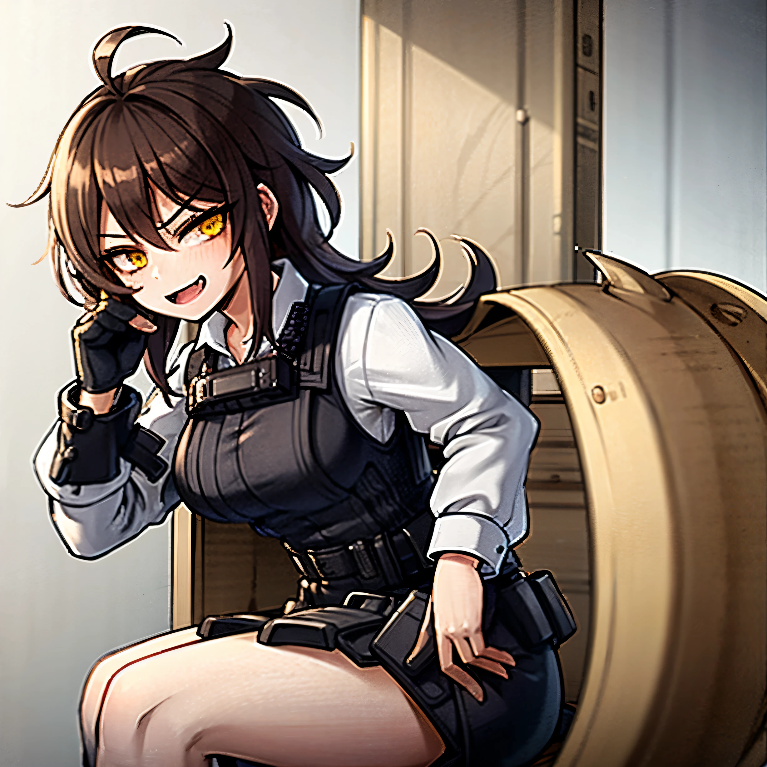 1 mujer ,militar, de pelo largo, pelo despeinado, By the chestnut, ojos ambar, tactical equipment, chaleco, comportamiento travieso