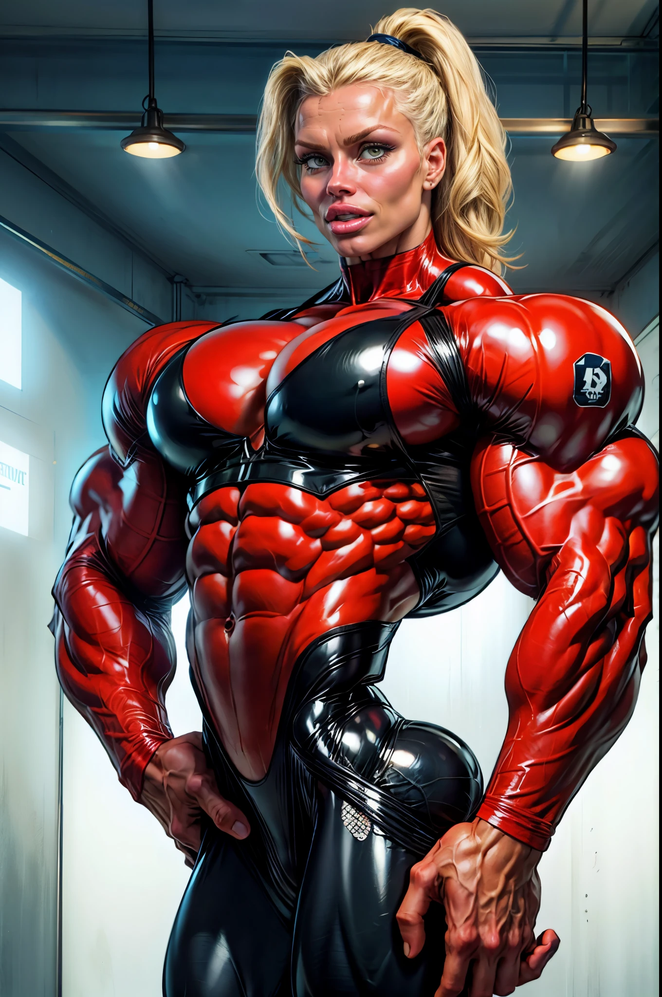 (1 girl), (pamela anderson:1.25), (blonde female fitness model:1.25), ((wide shoulders)), toned body, feminine, huge upper body, torso shot, veins, beautiful face, detailed eyes, perfect eyes, makeup, full lips, slim face, high cheekbones,(best quality, highres, ultra-detailed, realistic), ((muscular arms)), defined abs, confident expression, ((black latex bodysuit)), (full body pose), blank background