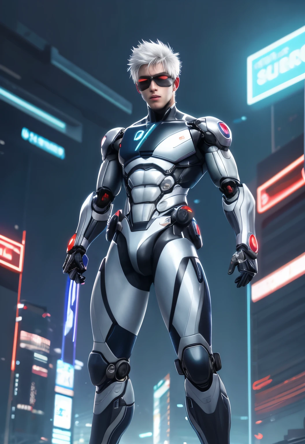    Character making a dynamic shooting positionThe Warrior&#39;determination. Gere uma imagem com um cyberpunk inspirado, strong male warrior standing in a neon-lit cityscape. Ele encarna a honra e a integridade, prontos para lutar pela verdade. The image should capture your determination when fitting a 9:Proportion of 16 wearing a mask that goes from mouth to nose ,  wears a circular artificial intelligence eye cover ,  has a robot outfit , estilo futurista ,  e moderna .    This character is an alien, NO ENTANTO, its appearance is similar to a human being ,   your whole body has artificial intelligence .    garoto saltando de paraquedas, nuvens, Vento, muscular,
cores vibrantes, estilo de arte colorido, 
soft lighting, sombras suaves, texturas detalhadas, dynamic lighting,  
beautiful hands, perfect hands, 
