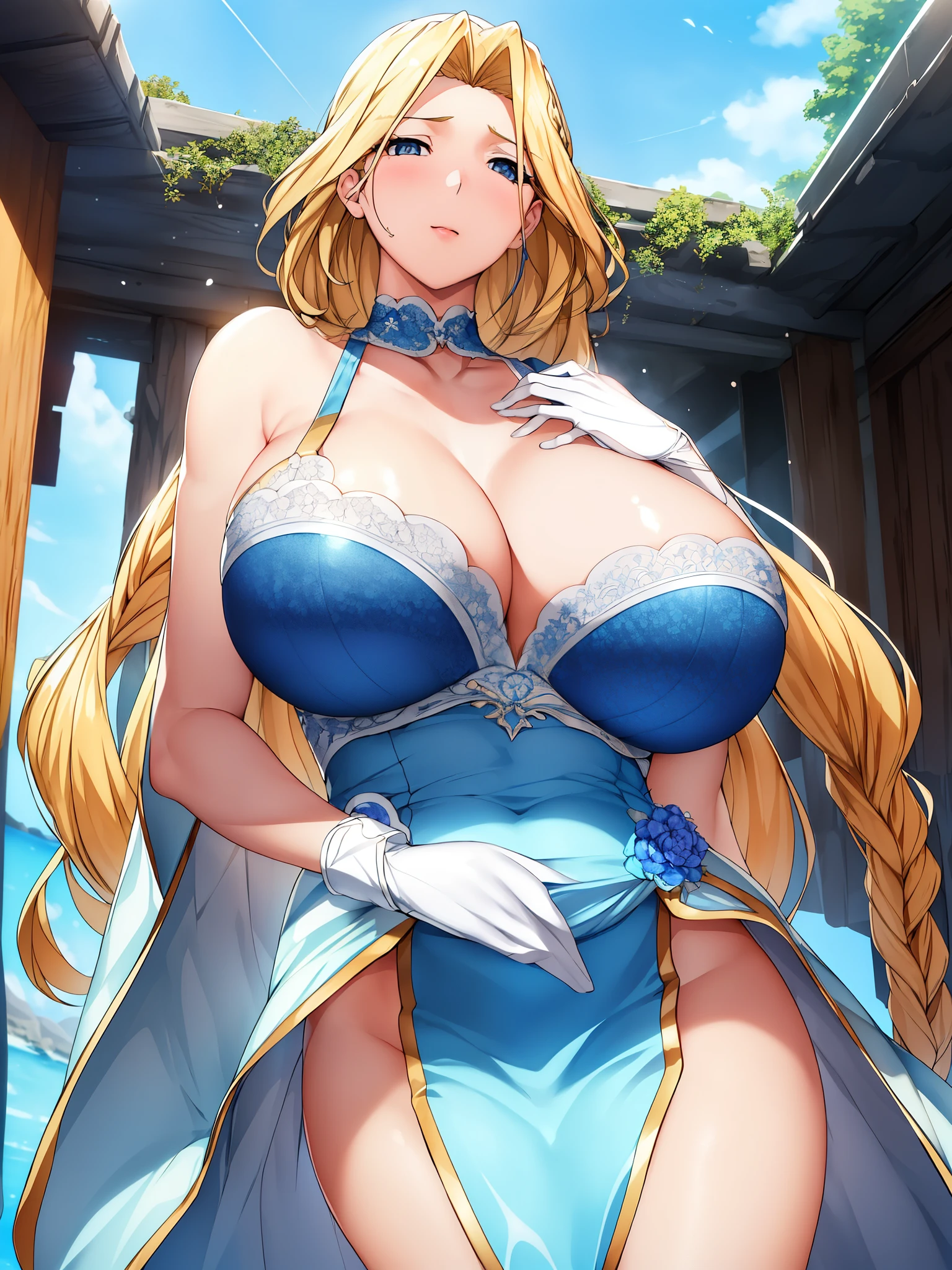 Show your armpits,(Day),白colorの背景,blue sky,outdoors,
standing at attention,
bridal gauntlet,blue bra,gloves, jewelry,abdomen,
前hair, blonde hair,blue eyes,Braid,length_hair,
1 girl, 20 years,young woman,beautiful Finger,beautiful long legs,beautiful body,beautiful Nose,beautiful character design, perfect eyes, perfect face,expressive eyes,
looking at the viewer,(Focus on her face),closed_mouth, 
official art,Highly detailed CG Unity 8k wallpaper, perfect lighting,colorful, bright_front_face_lit,shiny skin,
(masterpiece:1.0),(Highest_quality:1.0), 超High resolution,4k,super detailed,
photograph, 8k, HDR, High resolution, disorganized:1.2, kodak portrait 400, film grain, blurred background, Bokeh:1.2, Lens flare, (lively_color:1.2)
(beautiful,big_chest:1.4), (beautiful_face:1.5),(narrow_waist),