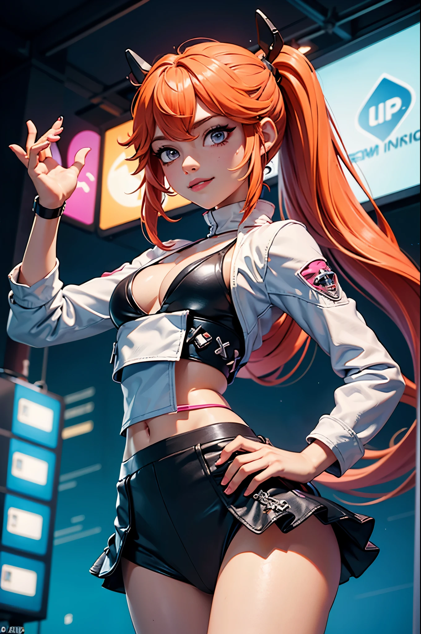 Draw a manga-style character with a physical appearance with this form of the hair Orange with black highlights, tied into glow two ponytails shaped like , Pink color eyes, bright, and expressive and Build Slim and athletic, Attire Upper Body White leather jacket with cyberpunk details, such as integrated LED lights or futuristic lines, Lower Body Sporty bikini in orange, white, and black colors, blending with the cyberpunk style while allowing freedom of movement for physical activities, Personality Creative and curious Always seeking new experiences and forms of expression, Her creative mind drives her to constantly explore new ideas and concepts,glow bikini suggestive, white skin girl,smile coquette, big  , ojos color rosa, mini skirt, muslos, senos visibles, side 