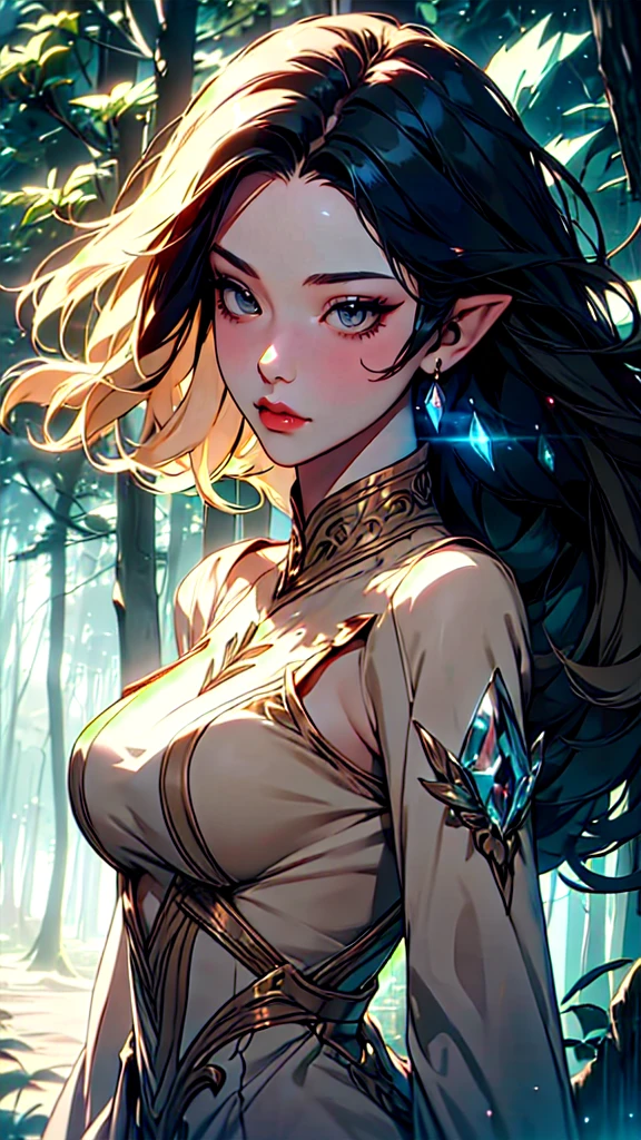 (Masterpiece, Top Quality, Best, Official Art, Beautiful and Aesthetic, Long Exposure: 1.2), Smooth Movement, Charming Patterns, 1 Girl, (Long Dress with Sleeves: 1.3), (((Beige Clothes) )), upper body close-up, bare shoulders, blush, black hair,  long hair, portrait, solo, upper body, detailed background, detailed face, (crystallineAI, crystalline theme:1.1), elemental wood elf, rotation foliage, control foliage, crystal clothing, dynamic pose, floating particles, ethereal dynamics, foliage, vapor, forest in the background, beige tint, forest, ethereal atmosphere,