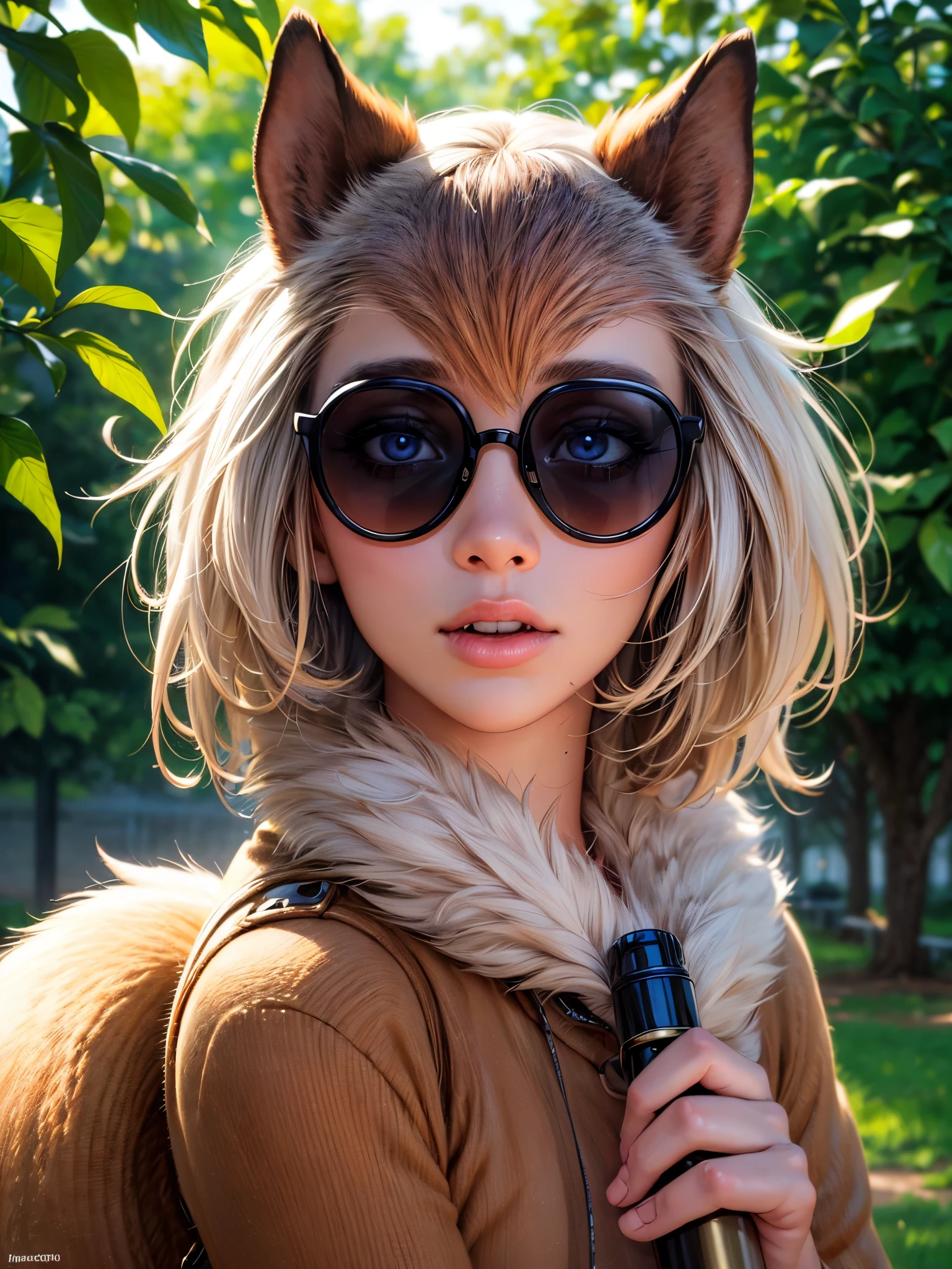 (best quality,4k,8k,highres,masterpiece:1.2),ultra-detailed,(realistic,photorealistic,photo-realistic:1.37),cute squirrel ager,detailed eyes and face,dark sunglasses,smoking a cigar,cool look,stylish outfit,confident pose,hanging out in a park,colorful background,cheerful atmosphere,portrait style,vibrant colors,natural lighting