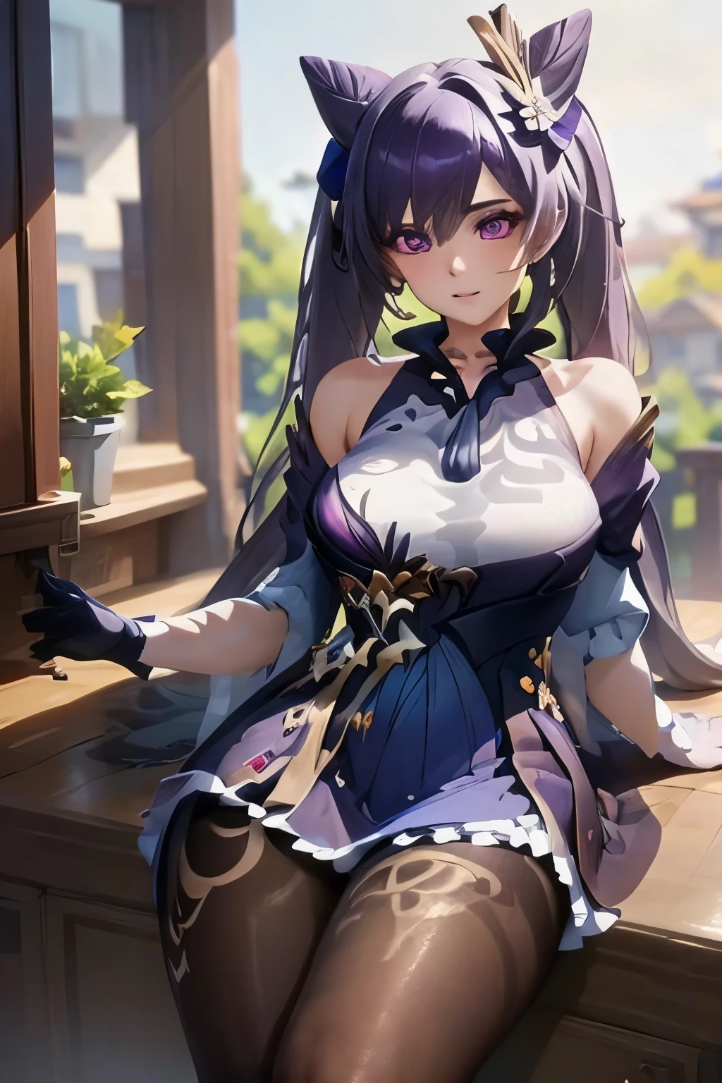 (Realistic painting style:1.0), masterpiece, best quality, absurdres, looking at viewer, solo, keqing (piercing thunderbolt) (genshin impact), keqing (genshin impact), pantyhose, hair bun, purple hair, gloves, twintails, long hair, purple eyes, diamond-shaped pupils, bare shoulders, hair ornament, black pantyhose, cone hair bun, detached sleeves,dress, jewelry, large breasts, earrings, bangs, frills, purple dress, black gloves, braid, skirt,