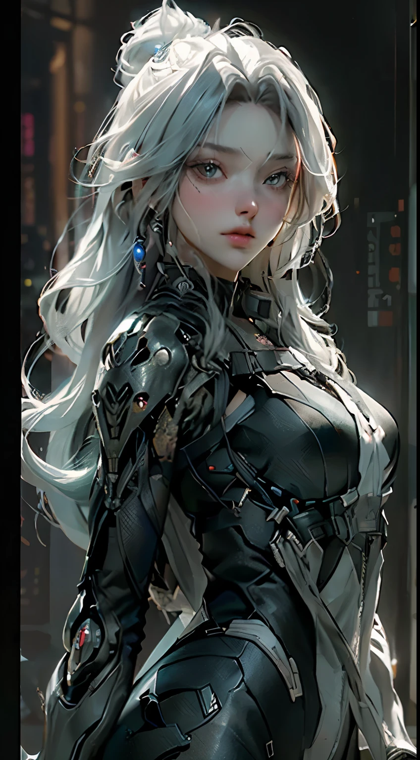 top-quality、​masterpiece、超A high resolution、(Photorealsitic:1.4)、Raw photo、Battle Cyborg Angel、large wings made of metal、White porcelain body、Acrylic Clear Cover、white  hair、glowy skin、1 Cyborg Girl、((super realistic details))、portlate、globalillumination、Shadow、octan render、8K、ultrasharp、character edge light,Colossal tits、Raw skin is exposed in cleavage、Details of complex ornaments、Double Zeta Gundam details、Hydraulic cylinder、Small LED lamp、highly intricate detail、Realistic light、a purple eye、radiant eyes、Facing the camera、neon details、cowboy  shot、Futuristic headgear、About Cyberpunk、、