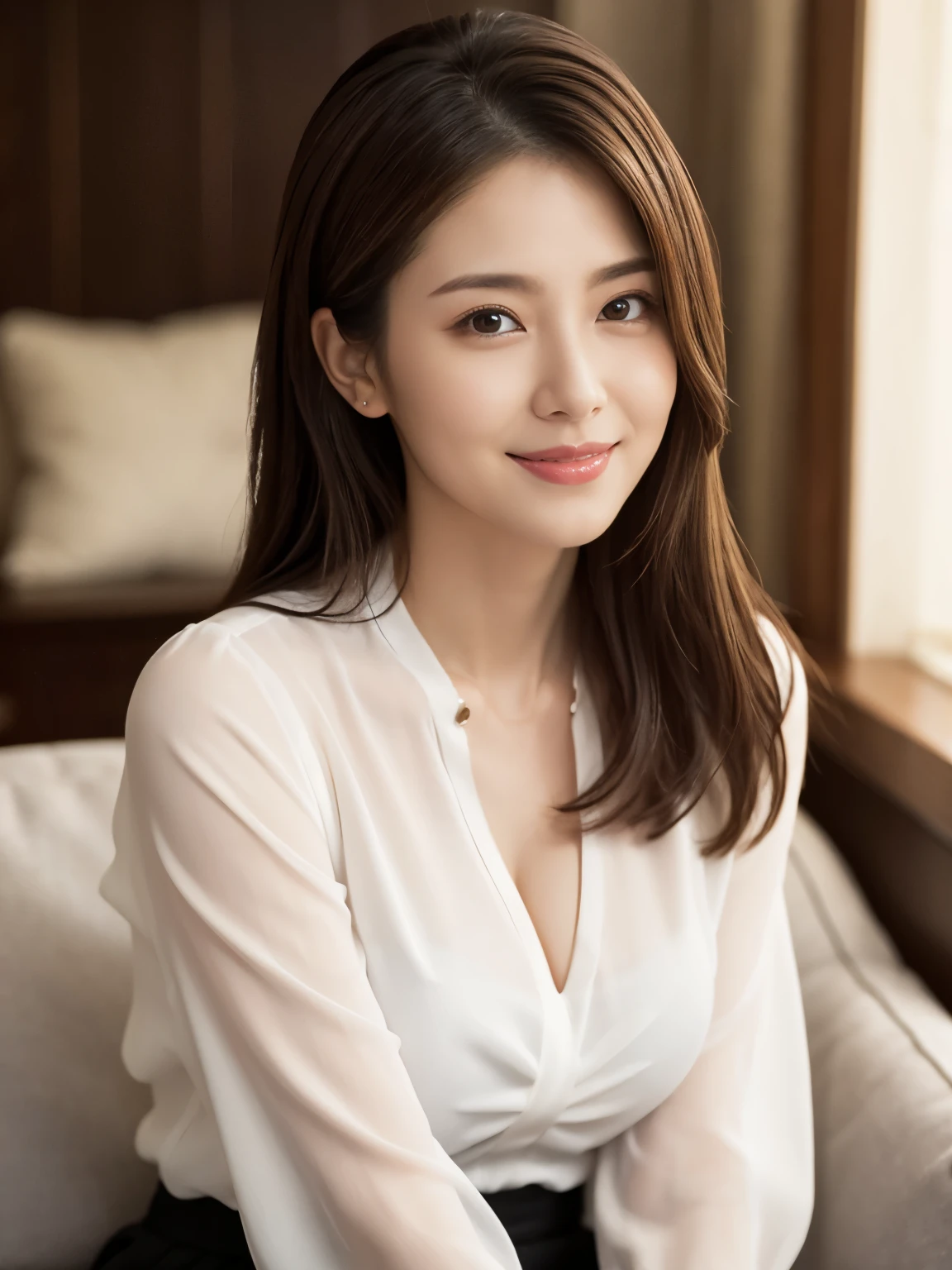 (Raw Photo), (Photorealsitic), (Masterpiece), (Best Quality), High Resolution, 8K, (Intricate Details), (Voluminous Light), Portrait, Female, 35 Years Old, Medium Hair, Straight Hair, medium breasts, Emphasize cleavage, layered hair, brown hair, very fine eyes, source order, very fine eyebrows, very fine skin, very fine mouth, very fine nose, cute like an idol, happy smile, (thick lips), (looking at the viewer), (elegant blouse), shot above the knee,